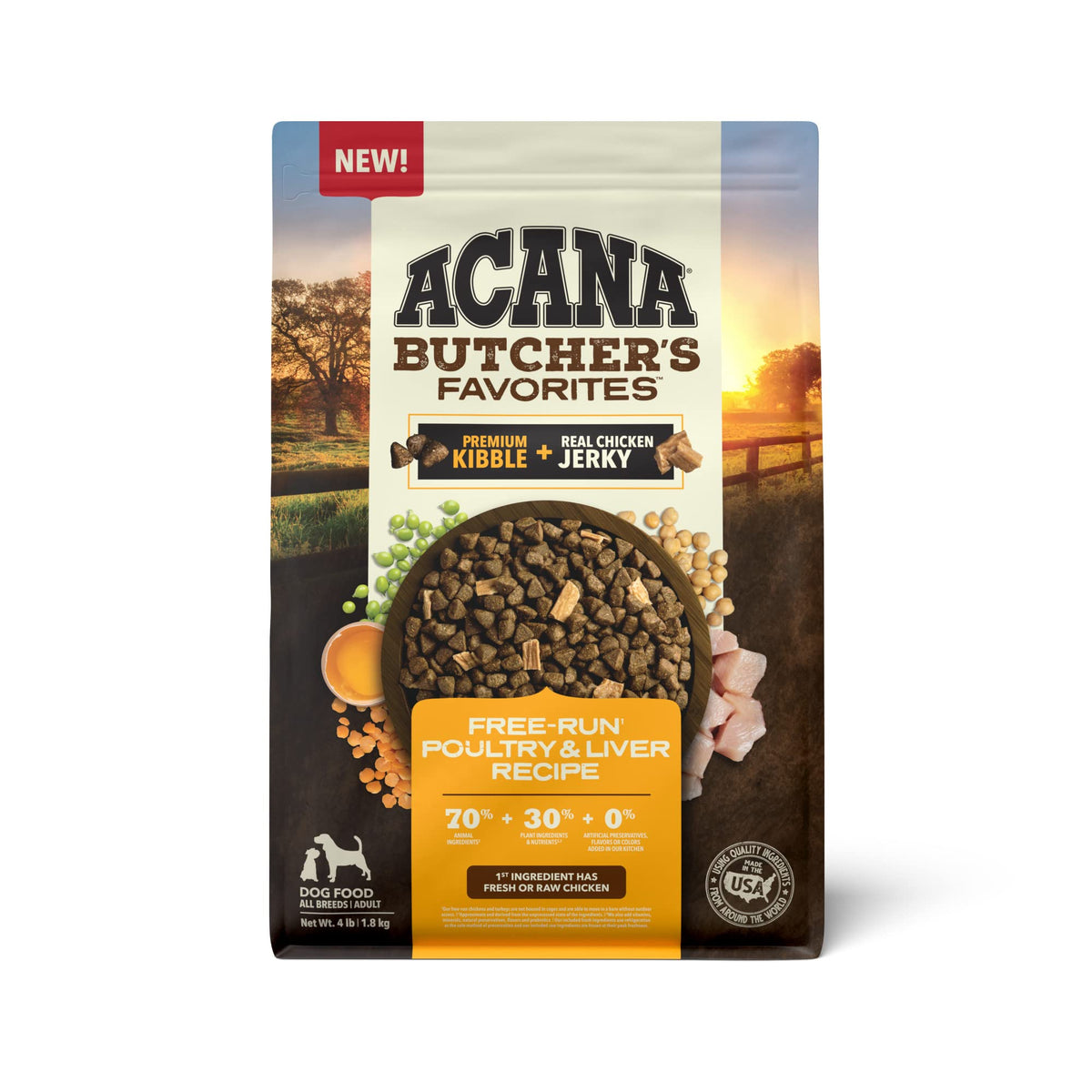 ACANA Butcher’s Favorites, bolsa 4 lb, para perros activos.