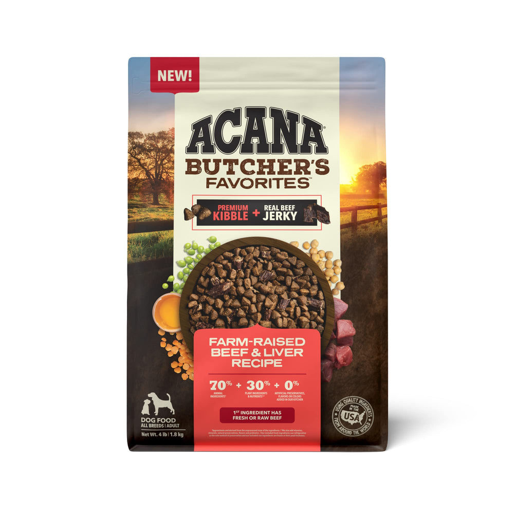 ACANA Butcher's Favorites bolsa-frente: presentación premium para perros activos.