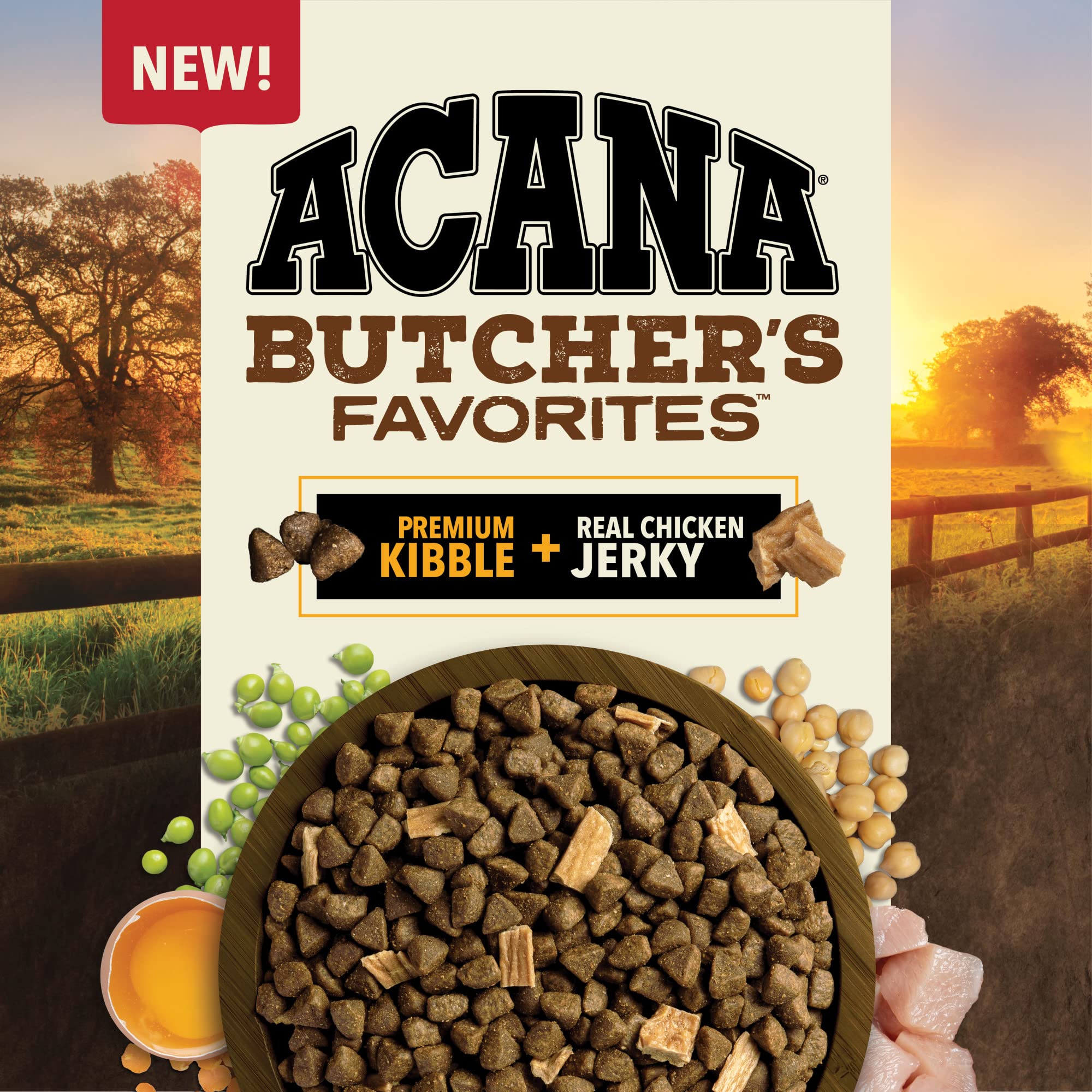 ACANA Butcher’s Favorites, kibble y jerky de pollo real, sabor para perros.