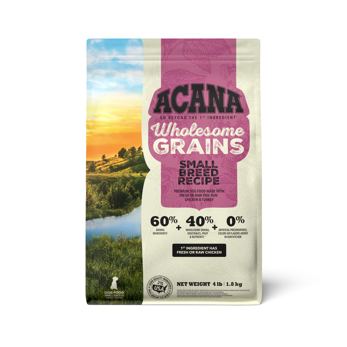 ACANA Granos Saludables para perros pequeños, bolsa de 4 libras, croquetas fáciles de masticar.