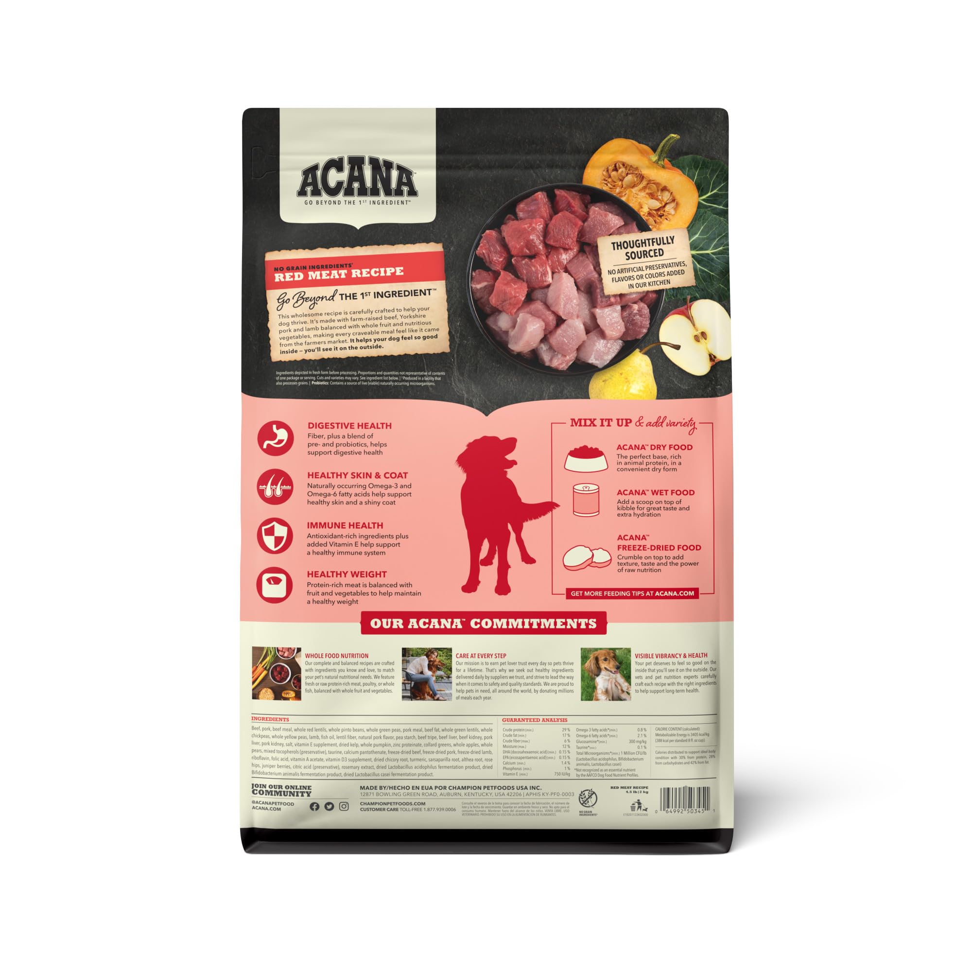 ACANA Ingredientes frescos de vaca, cerdo y cordero para nutrición equilibrada.