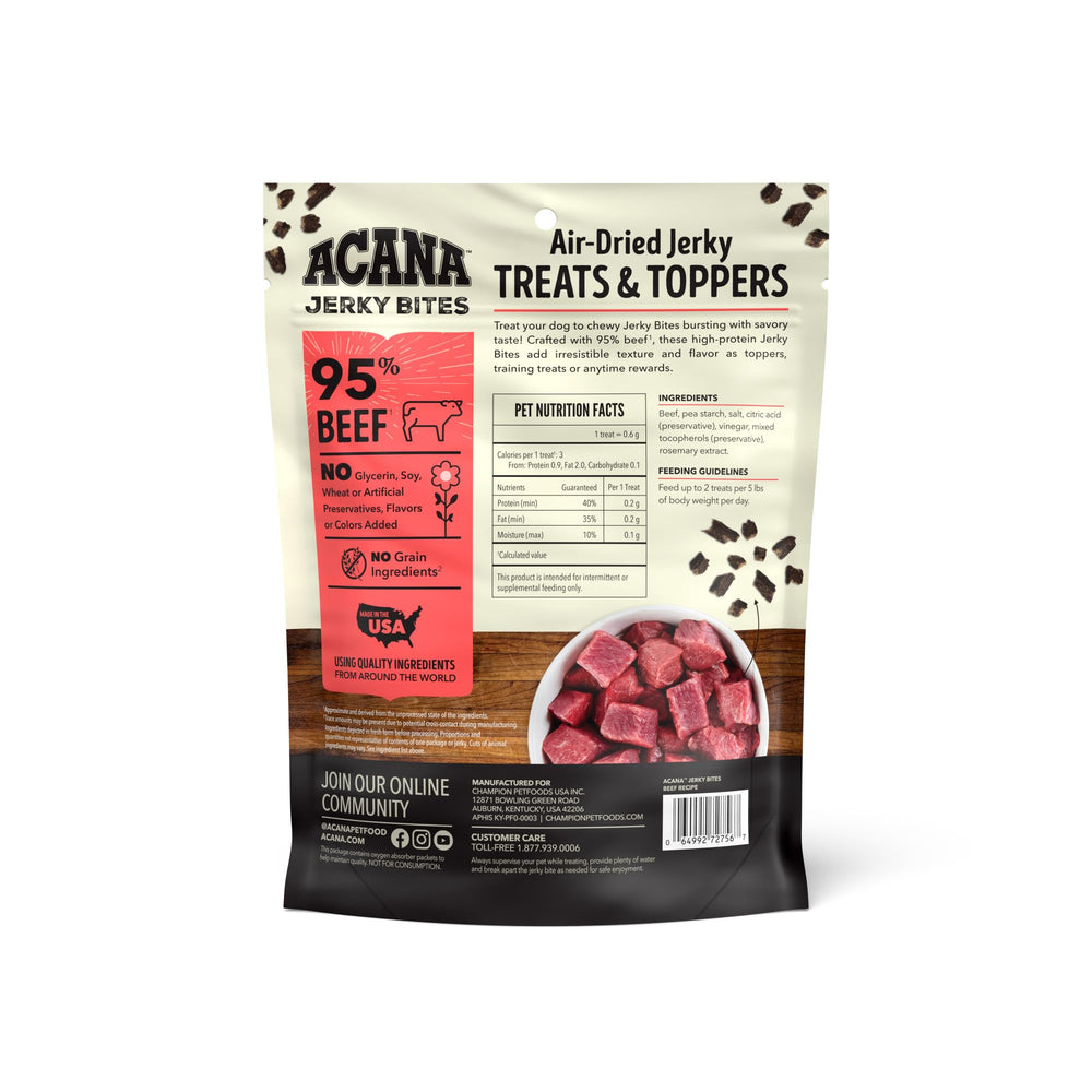 ACANA Jerky Bites, ingrediente único de res, perfecto como topper.