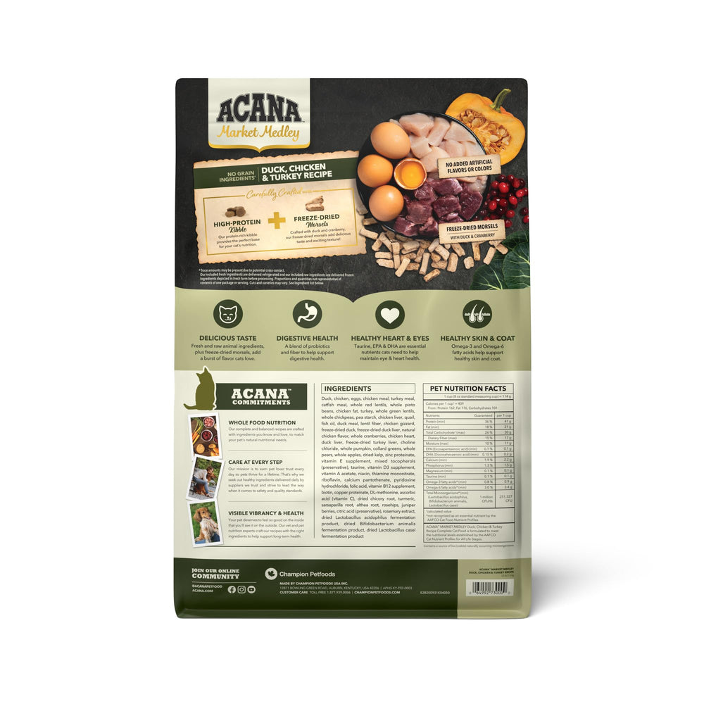 ACANA Market Medley: bolsa con kibble de pato, pollo y pavo para variedad proteica.