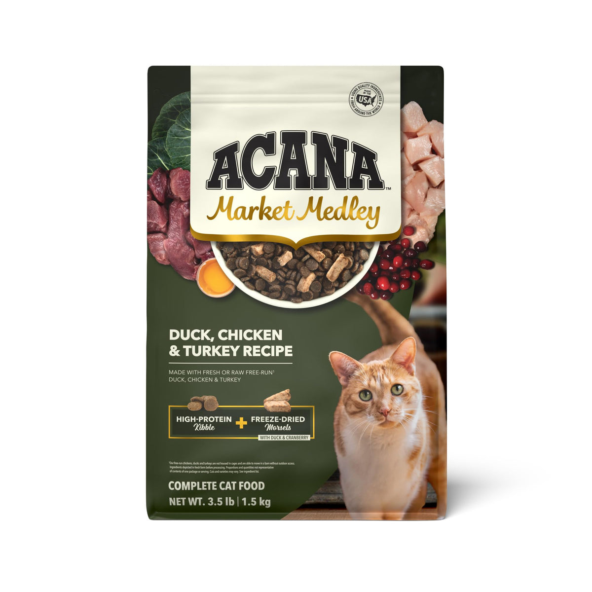ACANA Market Medley: bolsa de kibble de pato para gatos adultos, nutrición proteica.