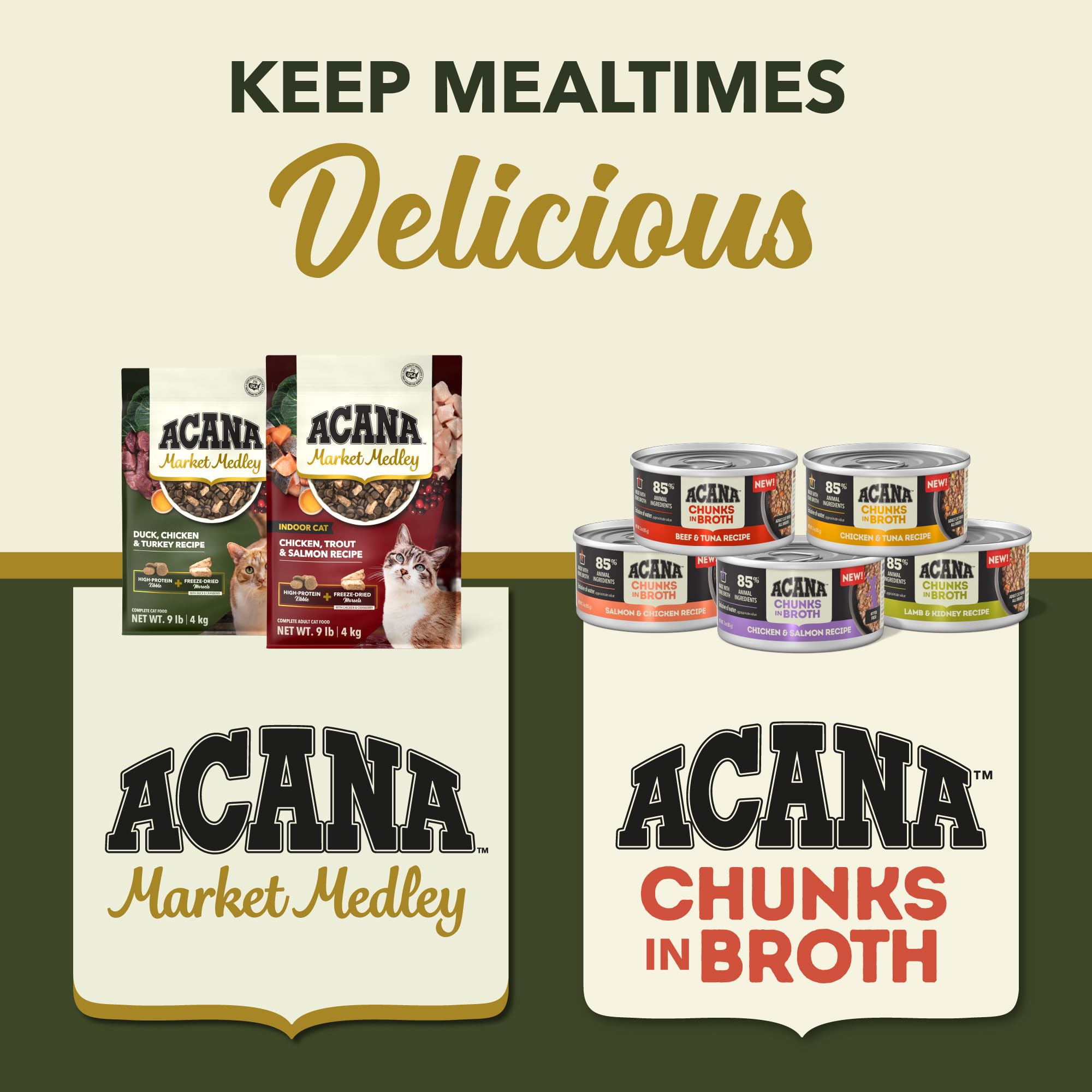 ACANA Market Medley: ingredientes clave pato, pollo, pavo y arándanos para antioxidantes.