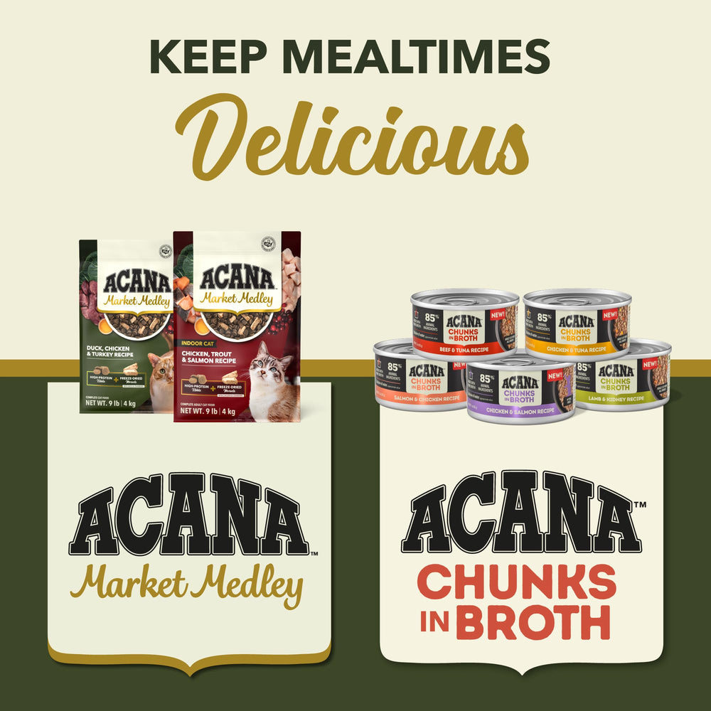 ACANA Market Medley: ingredientes clave pato, pollo, pavo y arándanos para antioxidantes.