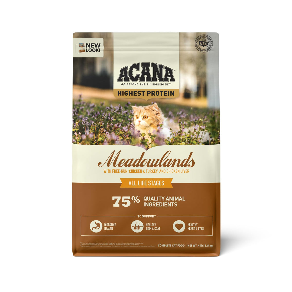 ACANA Meadowlands bolsa 4 lb para gato, nutrición completa para cada comida.