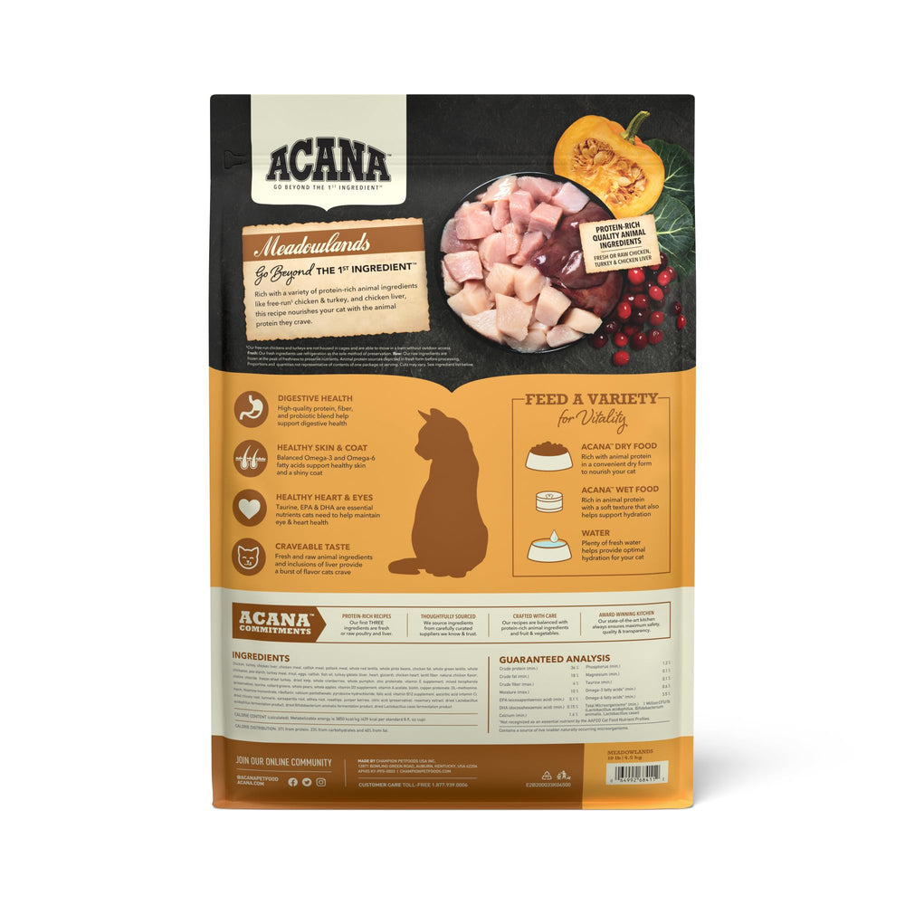 ACANA Meadowlands ingredientes-pollo-pavo-higado: proteína de alta calidad para mantener energía.