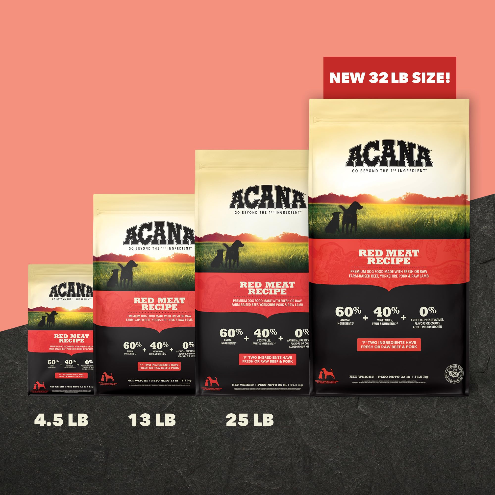 ACANA Omega para piel y pelaje brillantes con nutrientes esenciales.