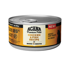 ACANA Paté en caldo con hueso de pollo y atún, lata de 3 oz para consistencia jugosa.