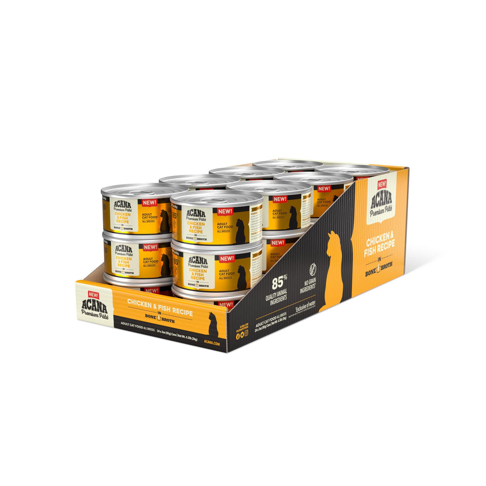 ACANA Paté en caldo de hueso con pollo y pescado, lata de 3 oz para hidratación y sabor.