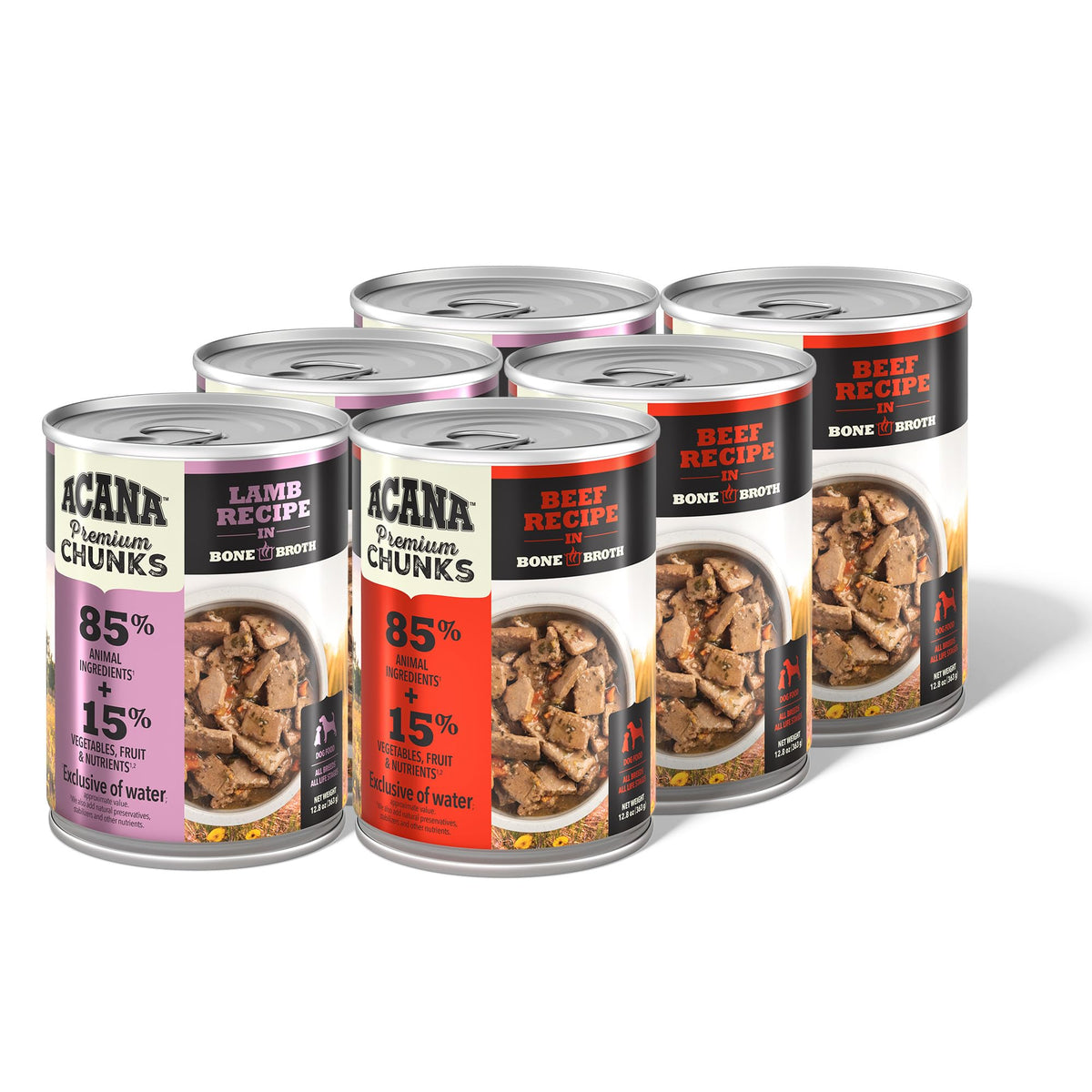 ACANA Premium Chunks frente de lata con trozos visibles de res en caldo de huesos.