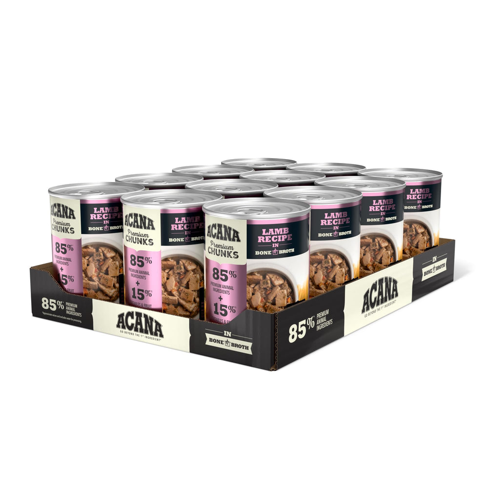 ACANA Premium Chunks de Cordero en lata 12,8 oz con caldo de hueso para perros.