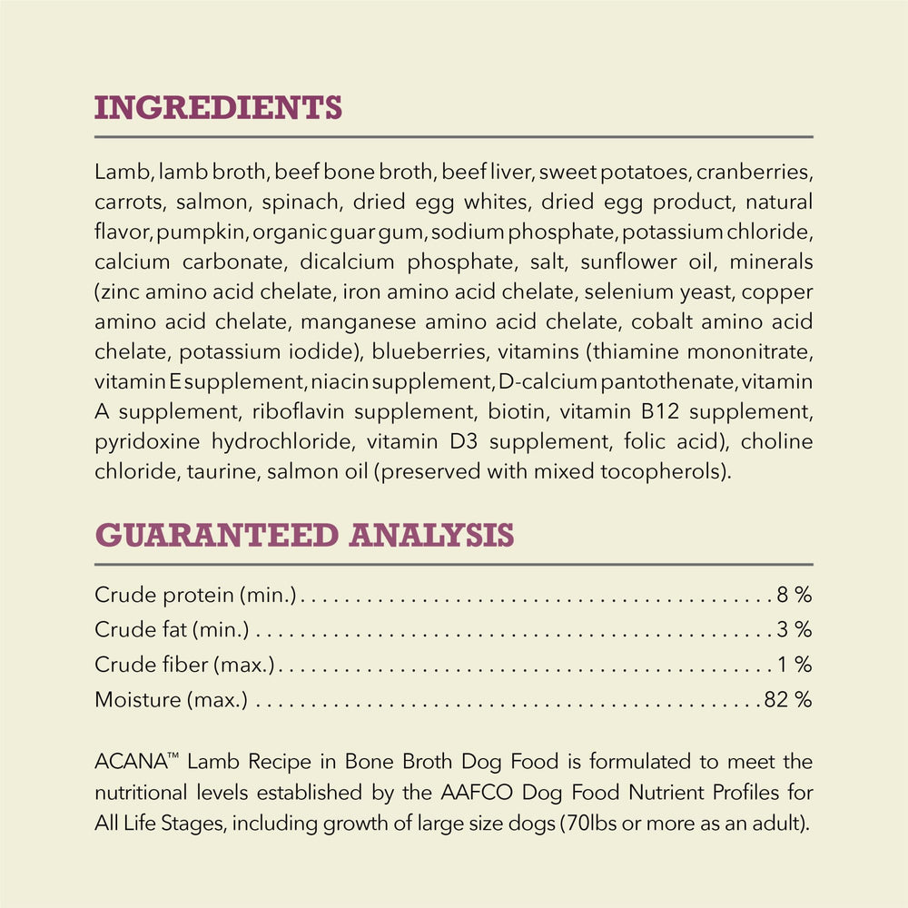 ACANA de cordero con 85% ingredientes animales y 15% vegetales para sabor equilibrado.