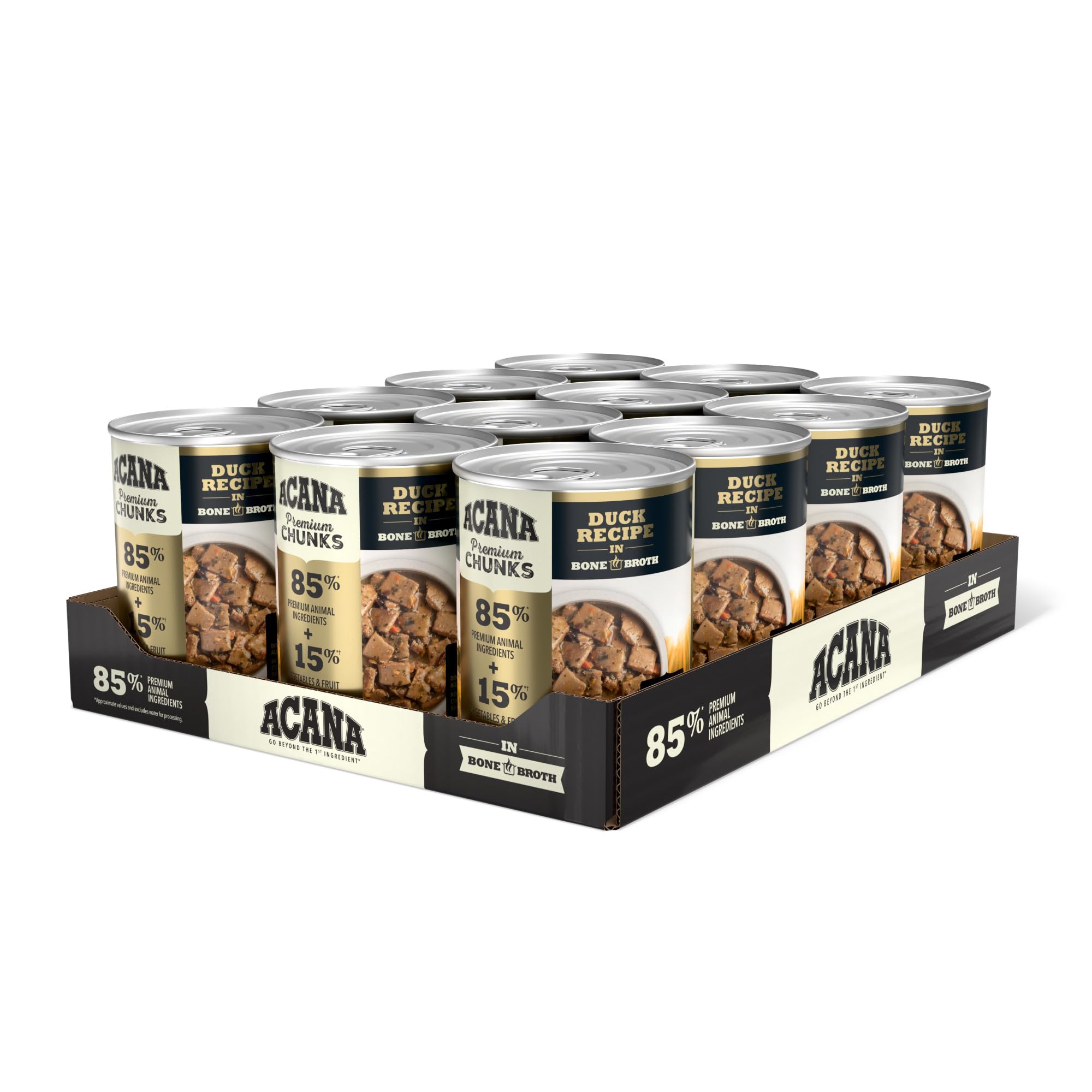 ACANA Premium Chunks pato en caldo de hueso, trozos jugosos que favorecen la hidratación.