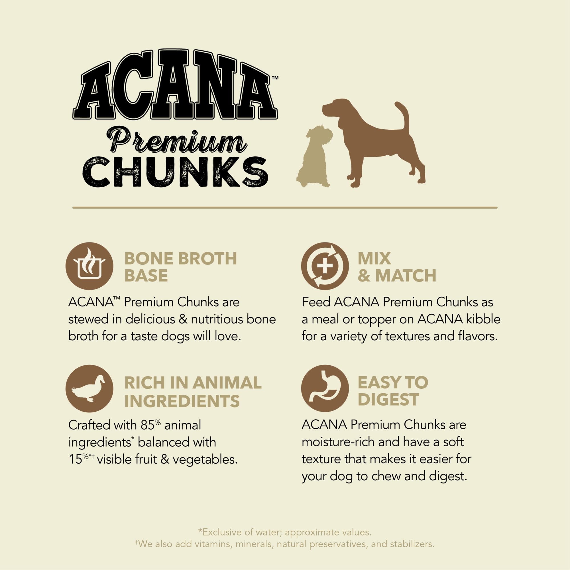ACANA Premium Chunks pato en caldo de hueso, plato principal delicioso para perros.