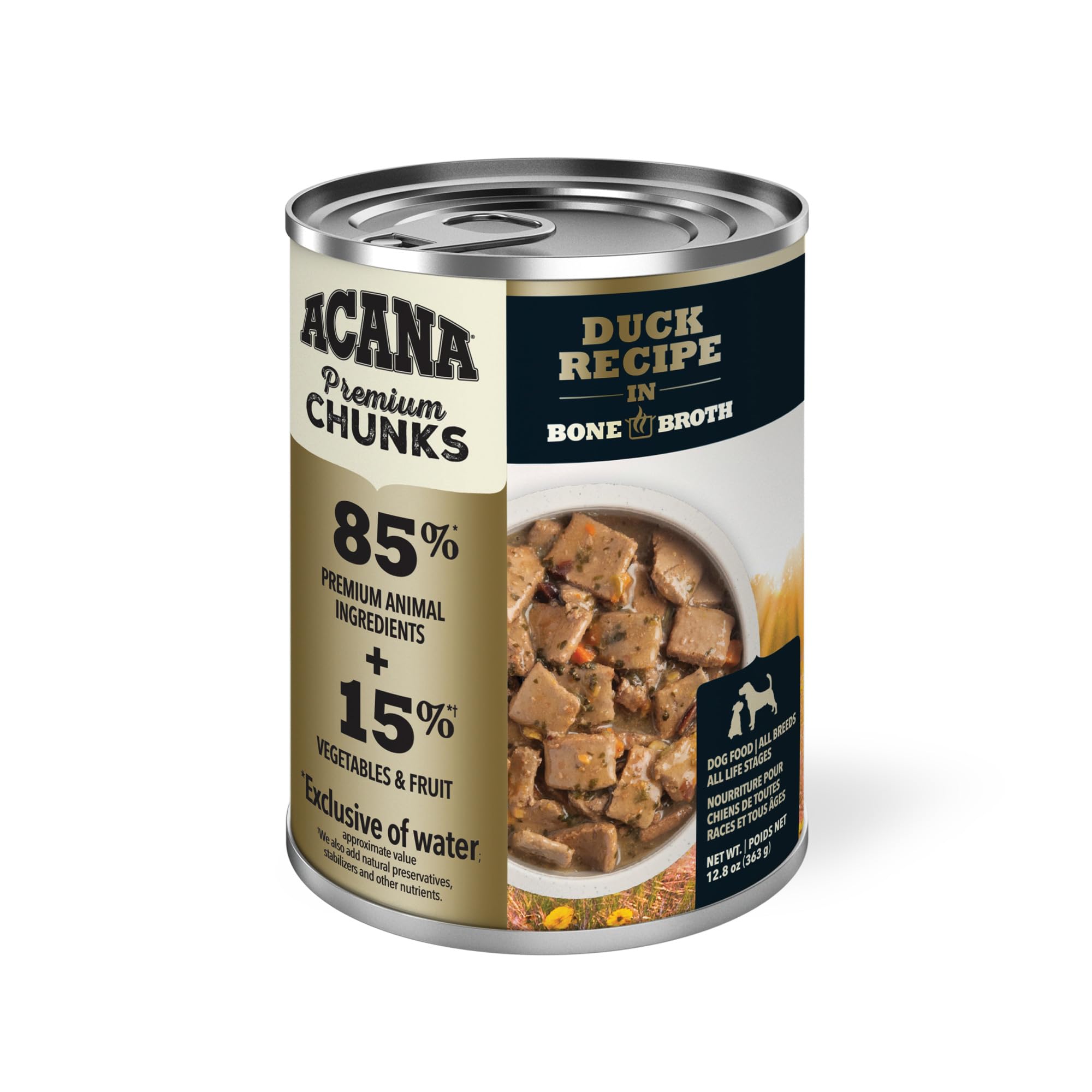 ACANA Premium Chunks pato en caldo de hueso, textura suave para masticación cómoda.