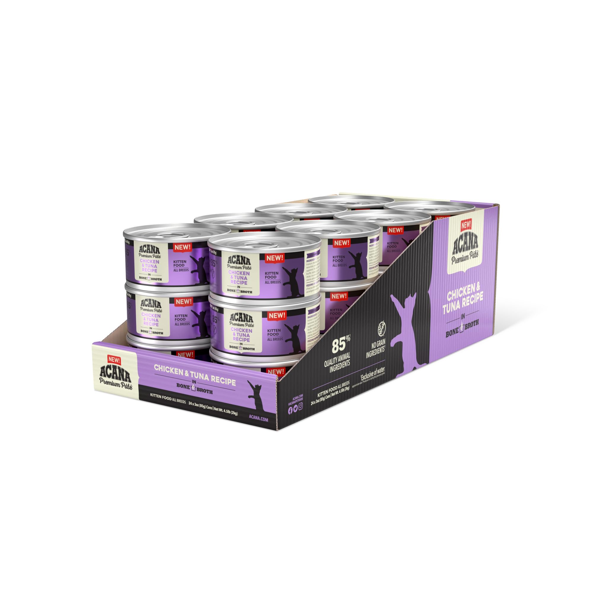 ACANA Premium Pate Gatito con pollo y atún en caldo, ideal para gatitos en crecimiento.