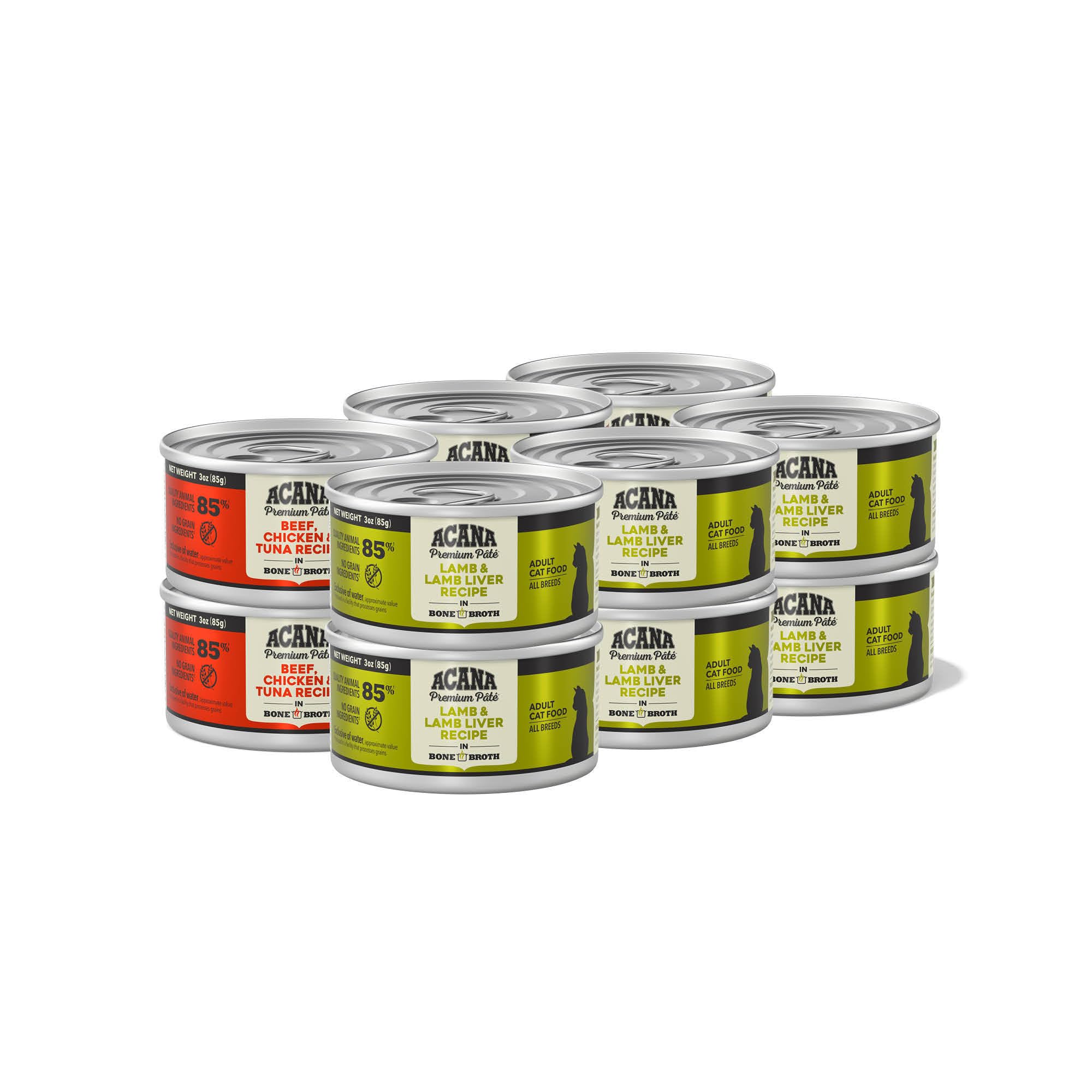 ACANA Premium Pâté, latas apiladas, conveniencia para el día a día.