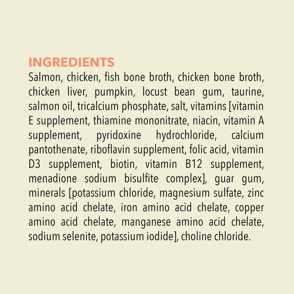 ACANA Premium Pate Salmón y Pollo, primer plano de ingredientes y nutrientes clave.