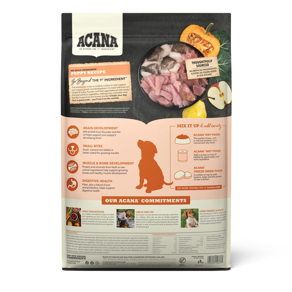 ACANA proteinas alto calibre para cachorros, enfoque en proteínas de calidad para su desarrollo.