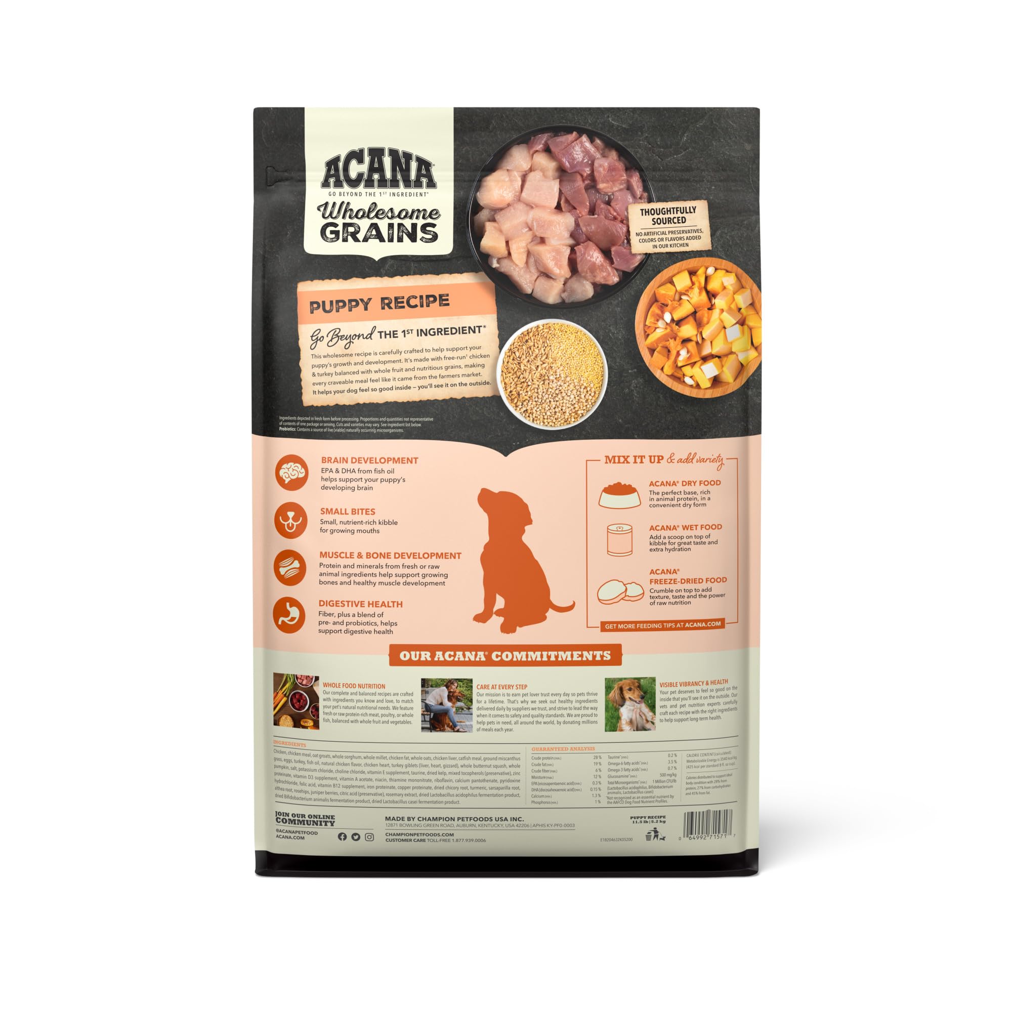 ACANA: receta para cachorro con pollo, huevos y pavo, apoyo a la energía del día.