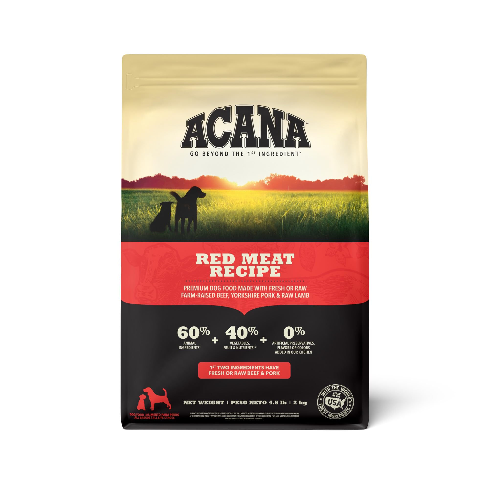 ACANA Receta de carne roja, bolsa de 4-5 libras, ideal para perros activos.