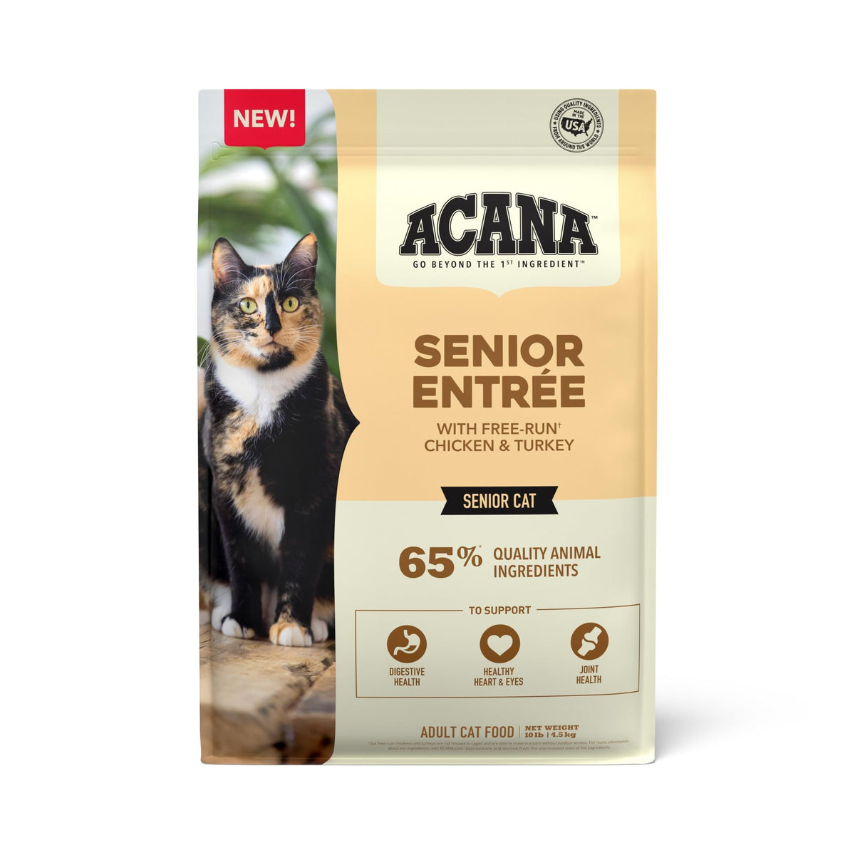 ACANA comida seca sénior, bolsa de 10 libras con pollo, pavo y pato para gatos mayores.