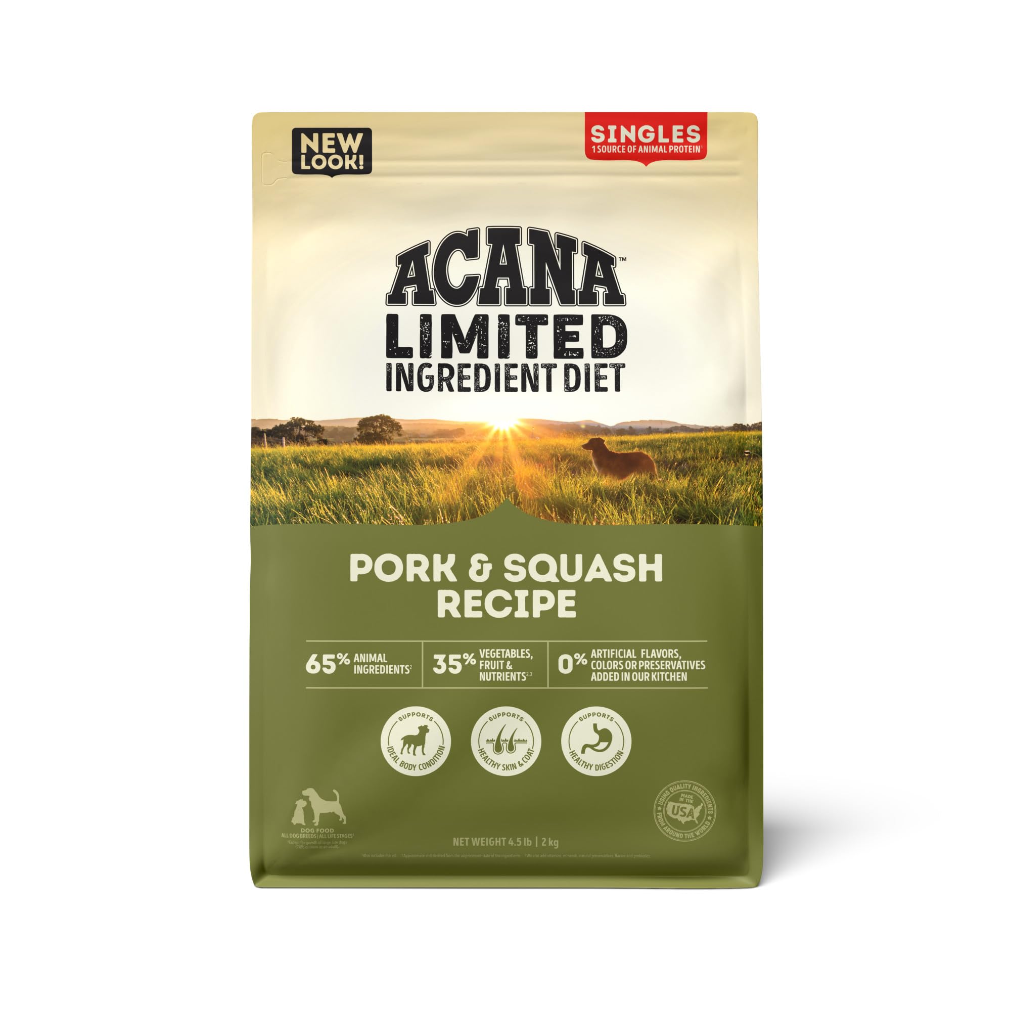 ACANA Singles en bolsa de 4,5 lb con cerdo y calabaza para perros activos.