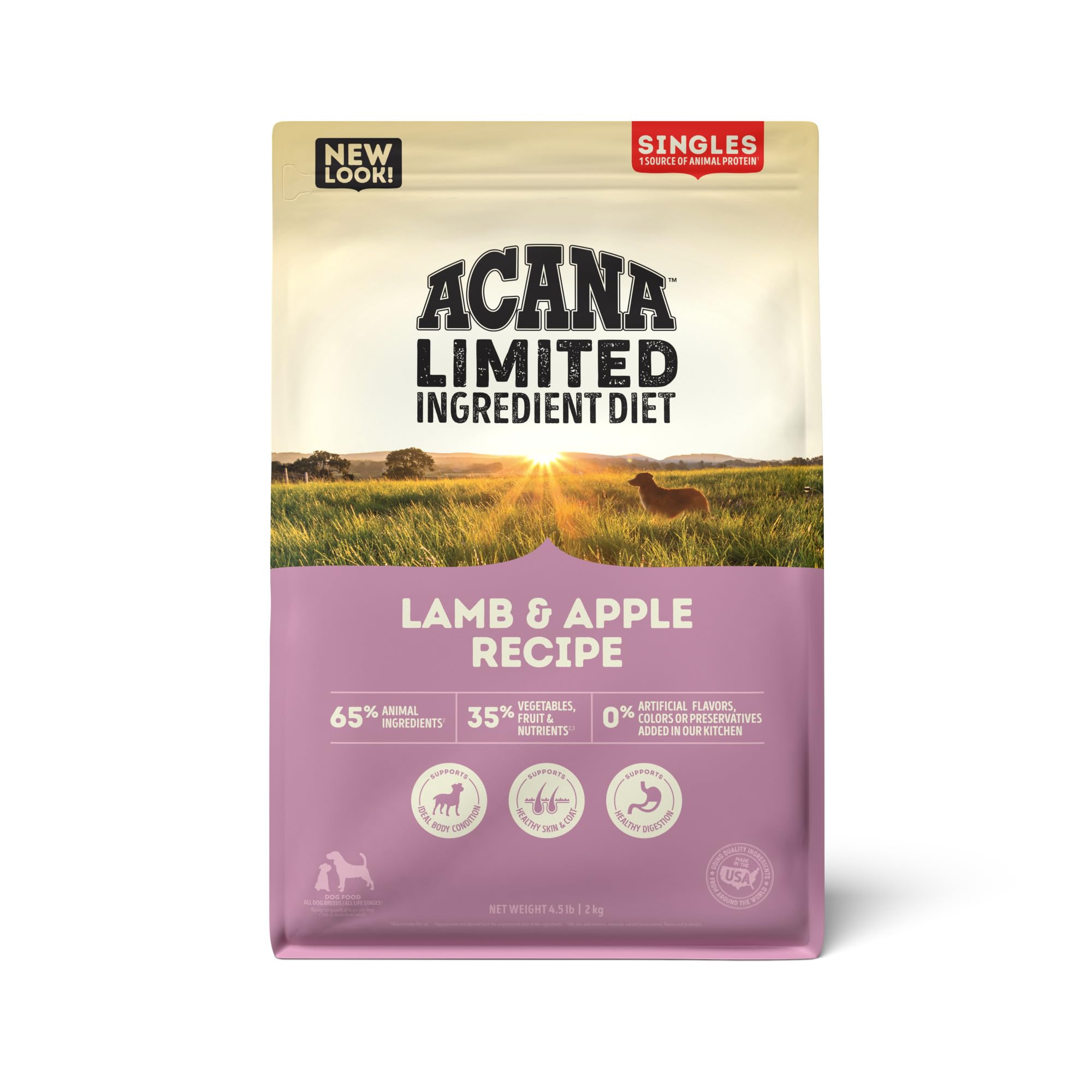 ACANA Singles Cordero y Manzana en bolsa 4,5 lb, sabor nutritivo para perros sensibles.