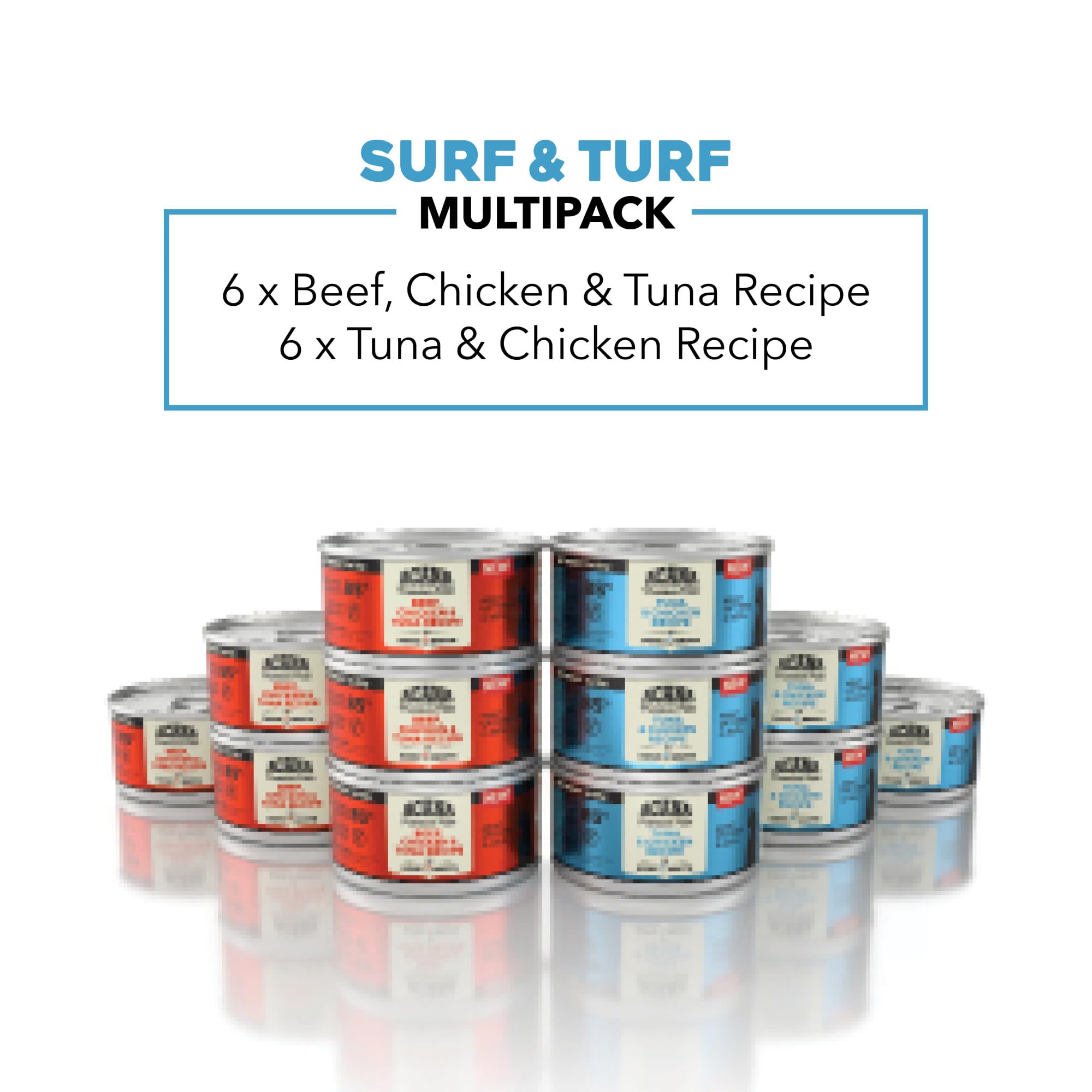 ACANA Surf y Turf lata atún-pollo de 3oz, sabor equilibrado para gatos.