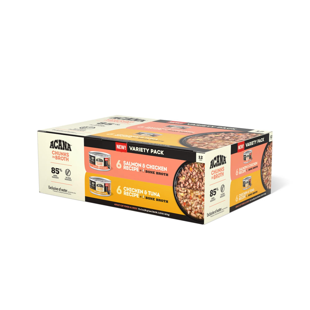 ACANA trozos en caldo, variedad salmón y pollo, ideal para hidratar al gato
