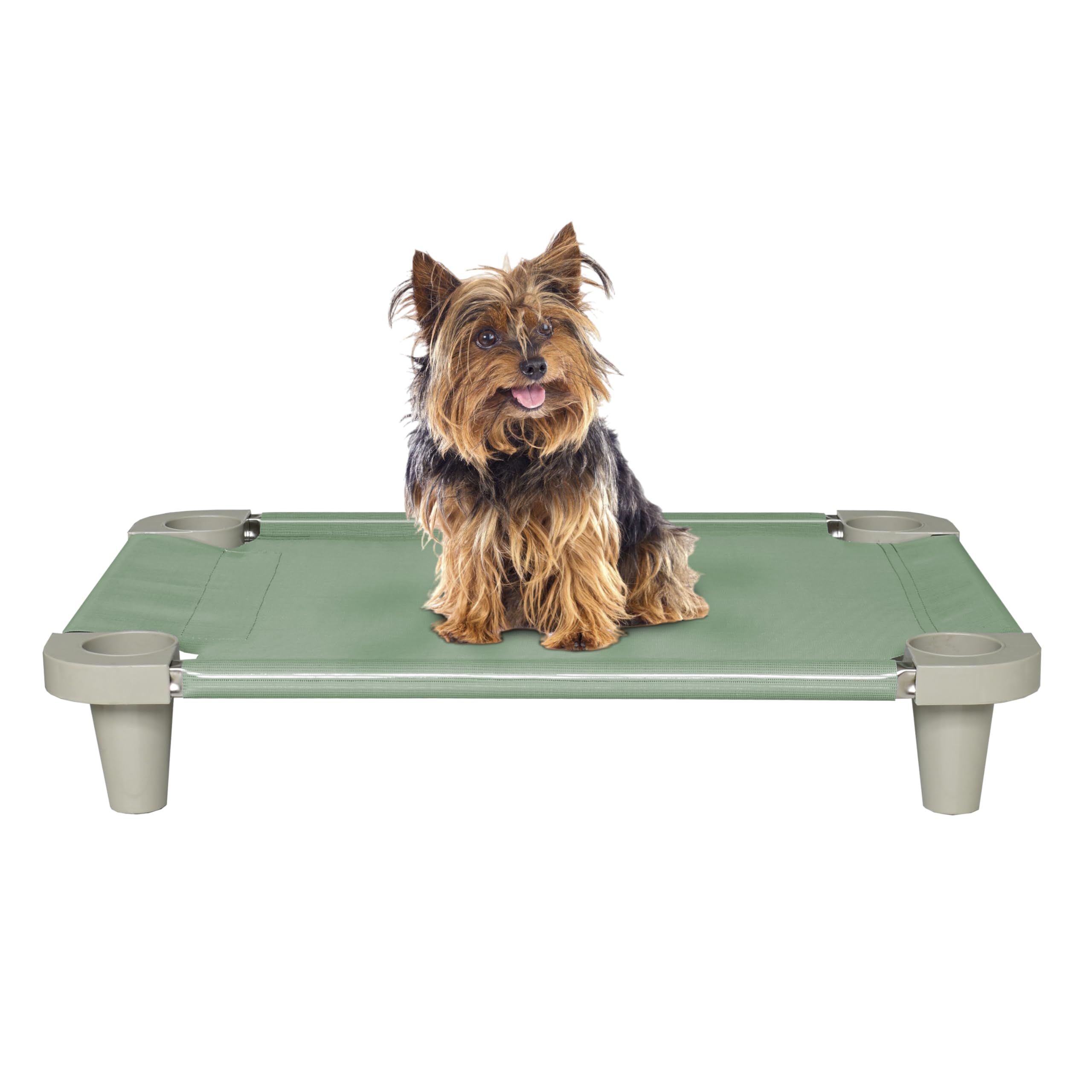 Cama elevada Acrimet con malla ventilada, ideal para perros pequeños en interiores.