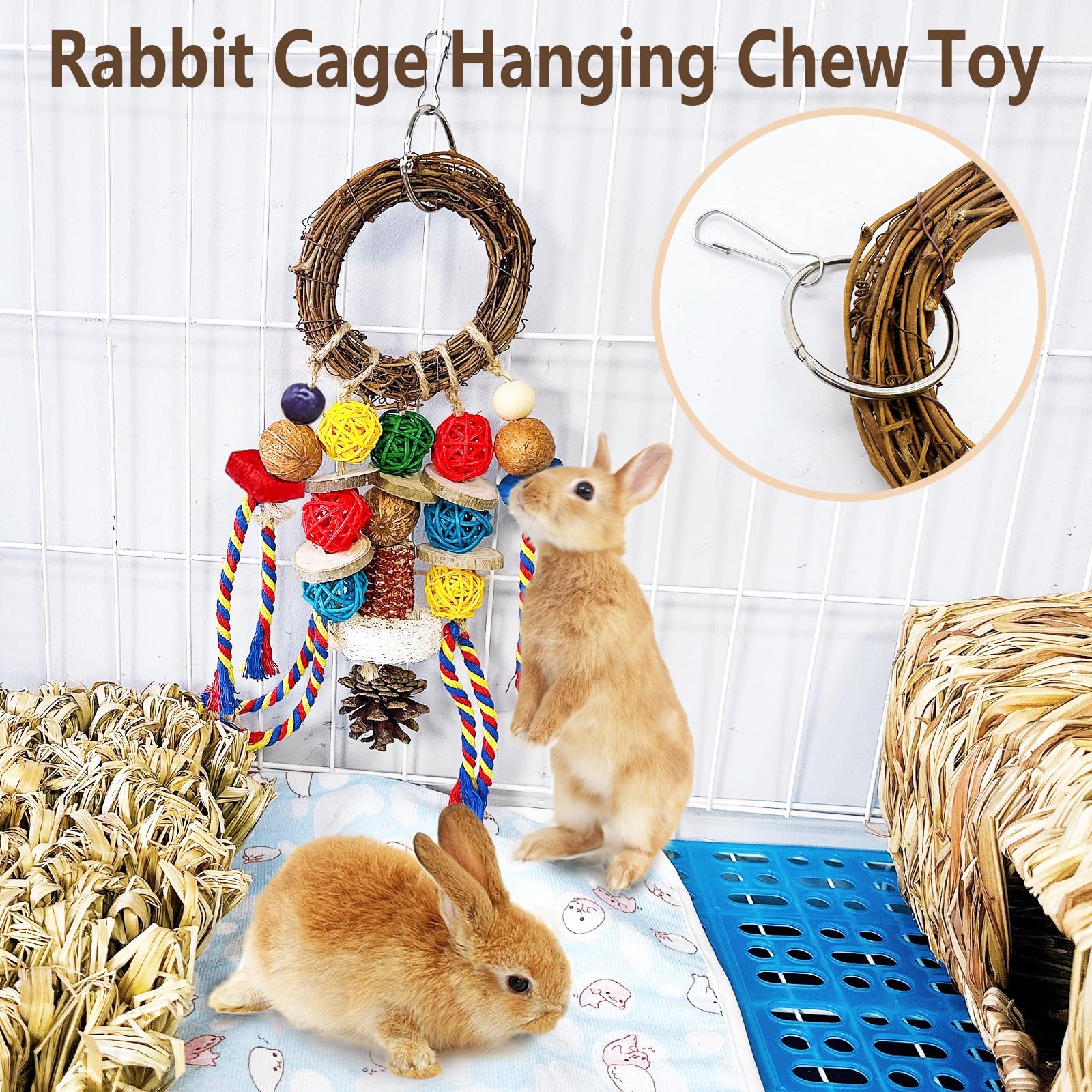 Acsist Bunny Chew Toy anillo de ratán y snack, diseño seguro para masticar.