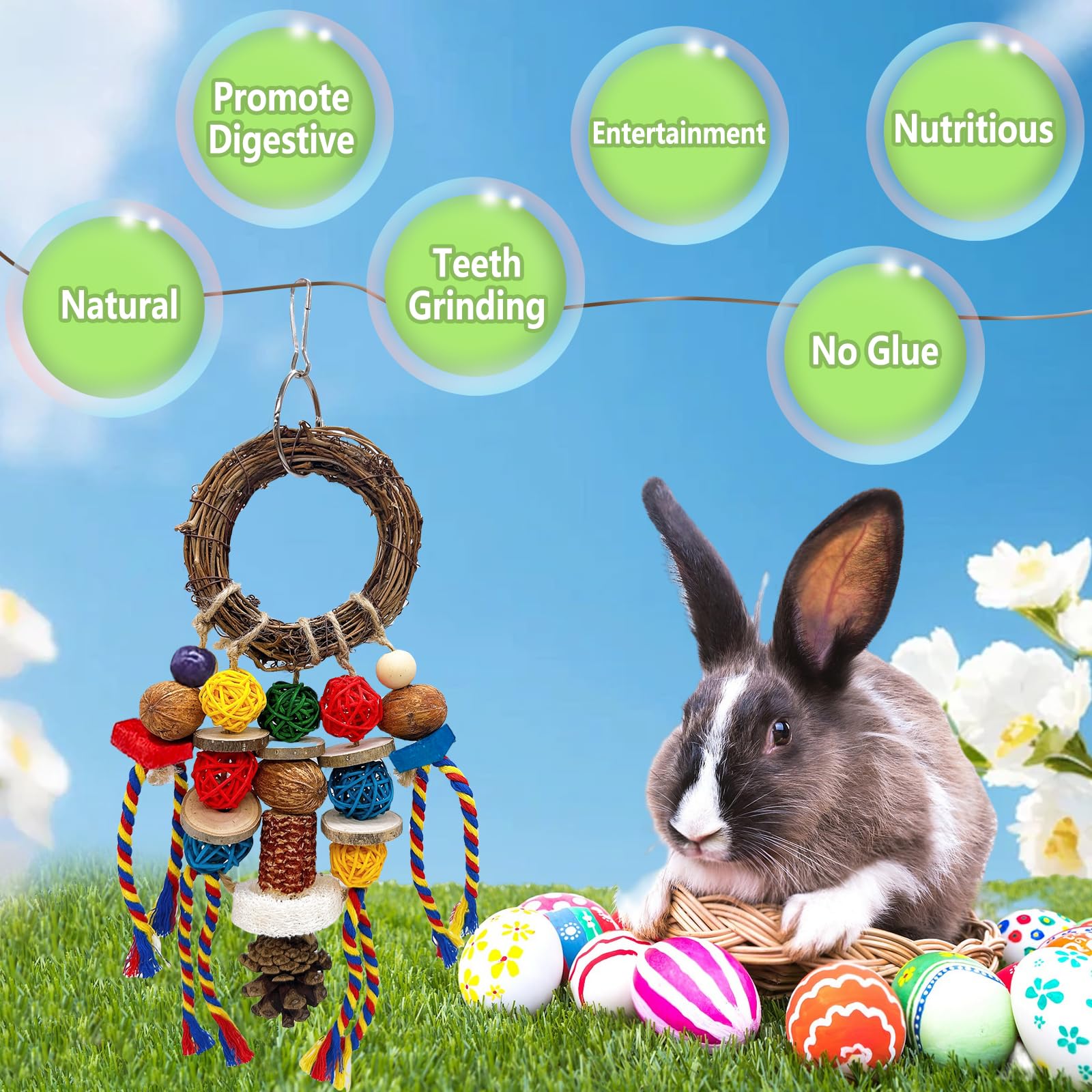 Acsist Bunny Chew Toy para jaula, ideal para conejos y roedores curiosos.