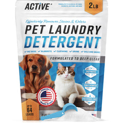 ACTIVE Detergente para mascotas en polvo limpia manchas y reduce olores en ropa y cama.