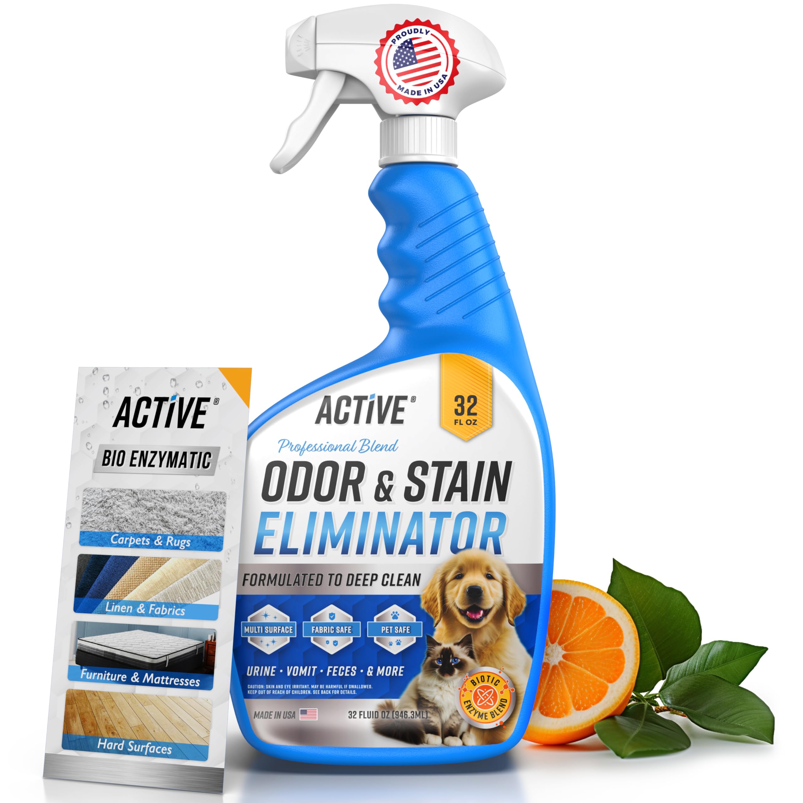Active Eliminador de Olor y Mancha para mascotas, botella con aroma cítrico.