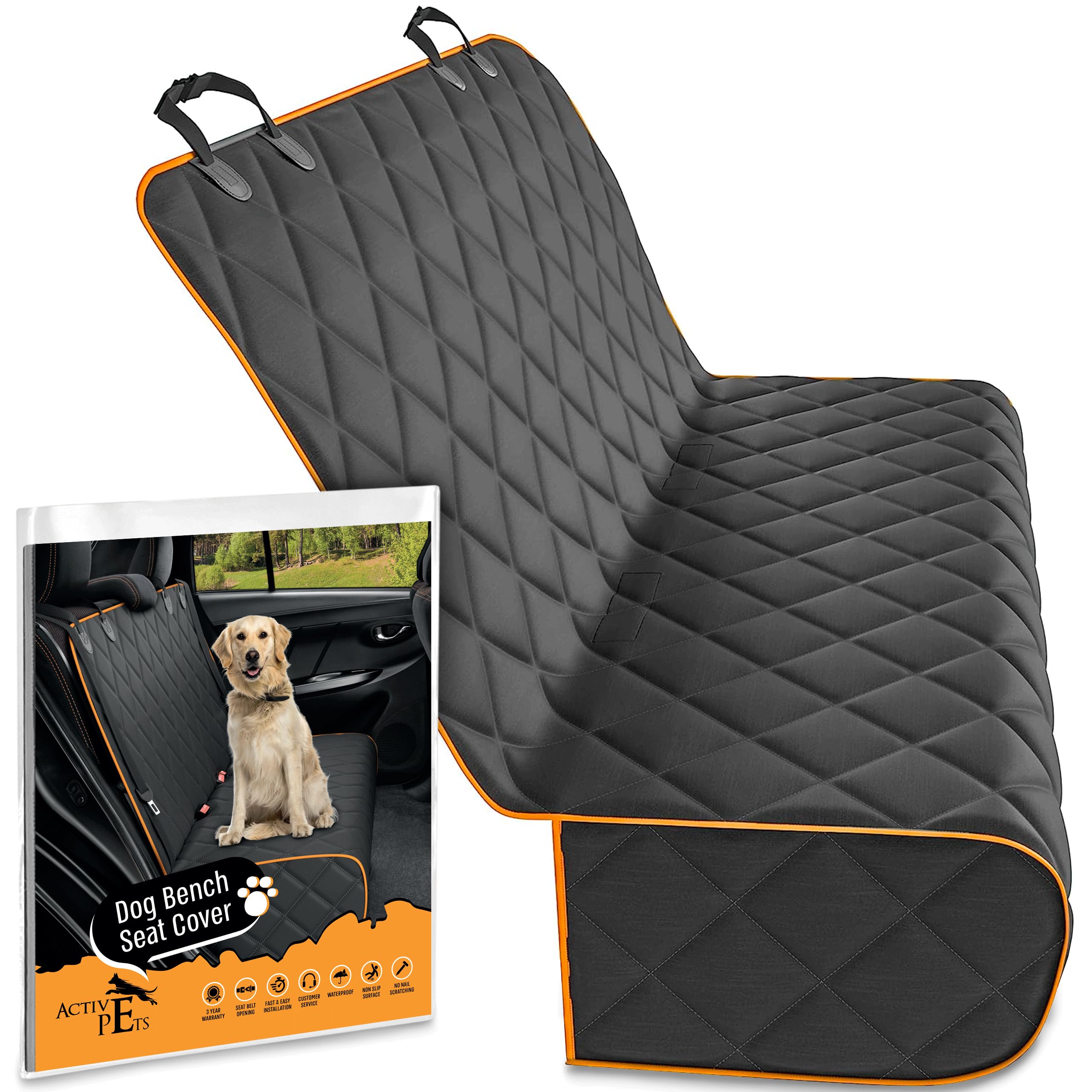 Active Pets funda asiento trasero naranja para perros, protege asientos y evita deslizamientos.