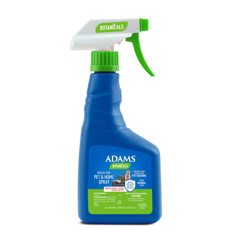 Botella ADAMS Botanicals Flea & Tick para uso diario en mascotas y hogar.
