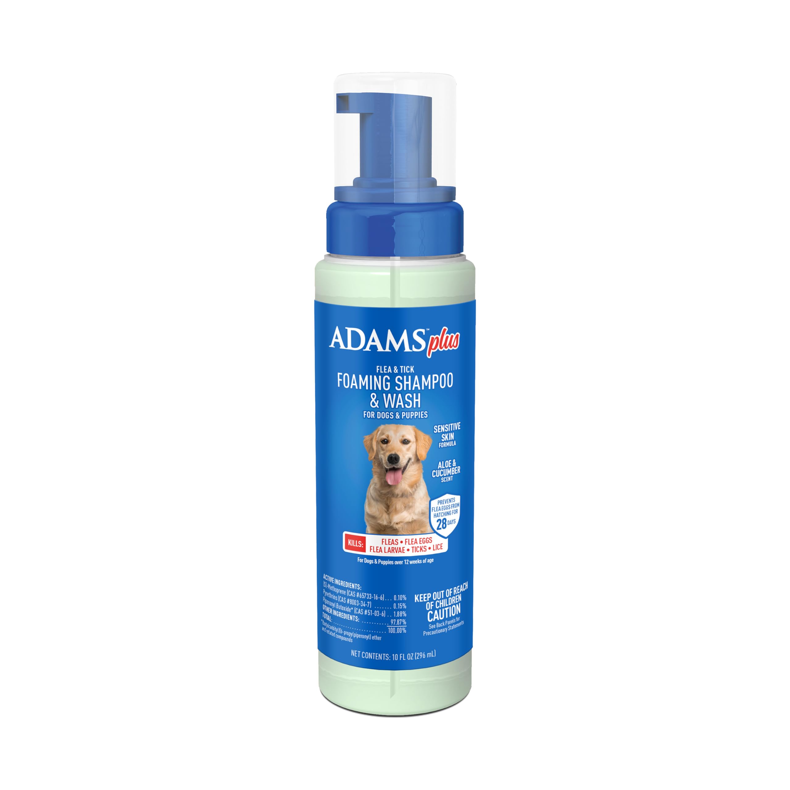 ADAMS Plus champú espuma para perros en botella, limpieza profunda.