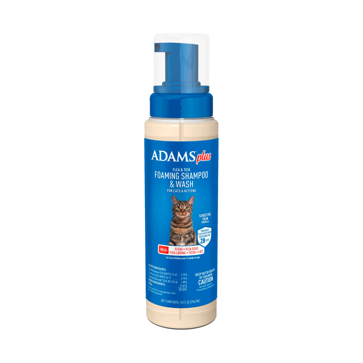 ADAMS Plus champú espuma para gatos en botella, combate pulgas y garrapatas.