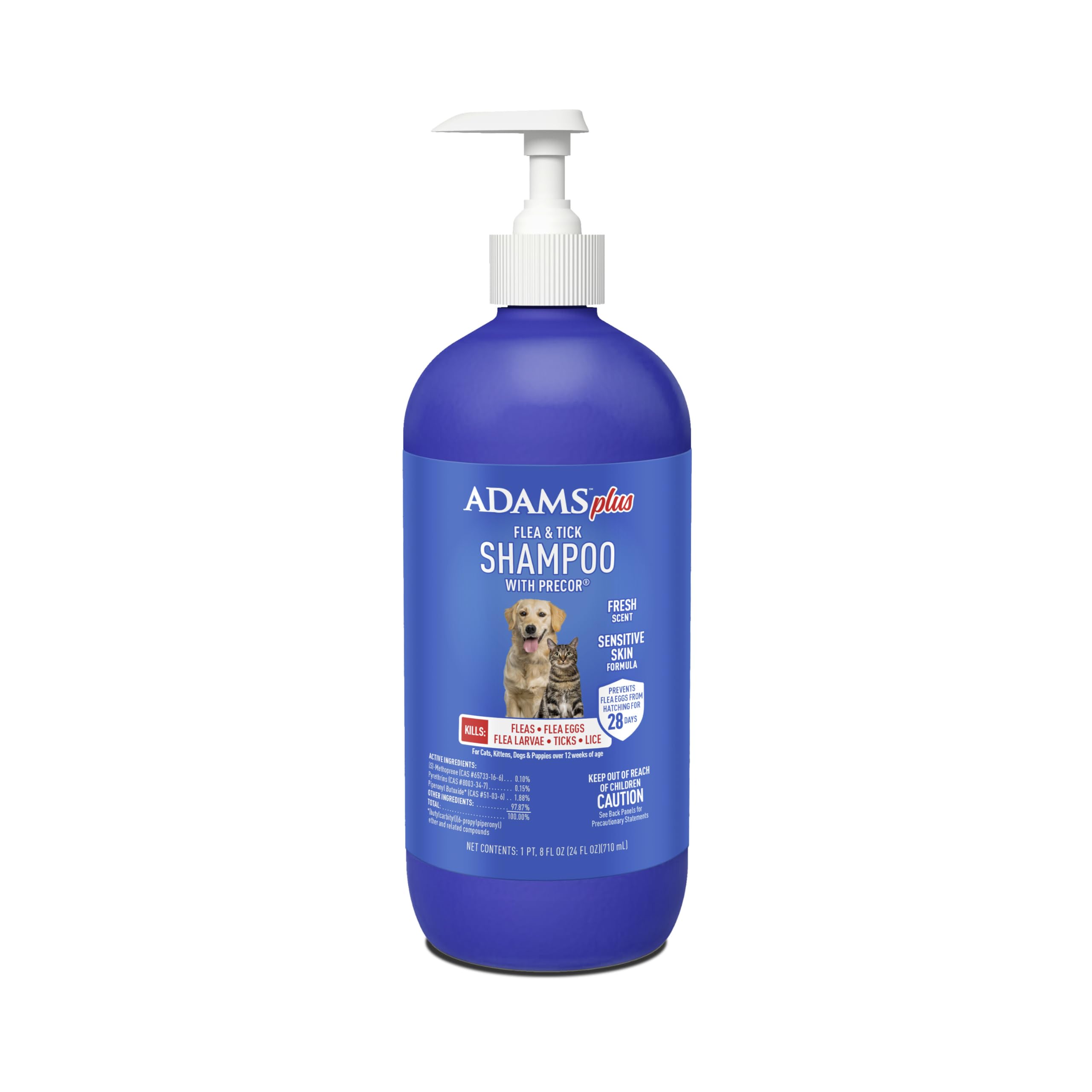 ADAMS Plus Champú frasco con acción rápida contra pulgas y garrapatas en mascotas.