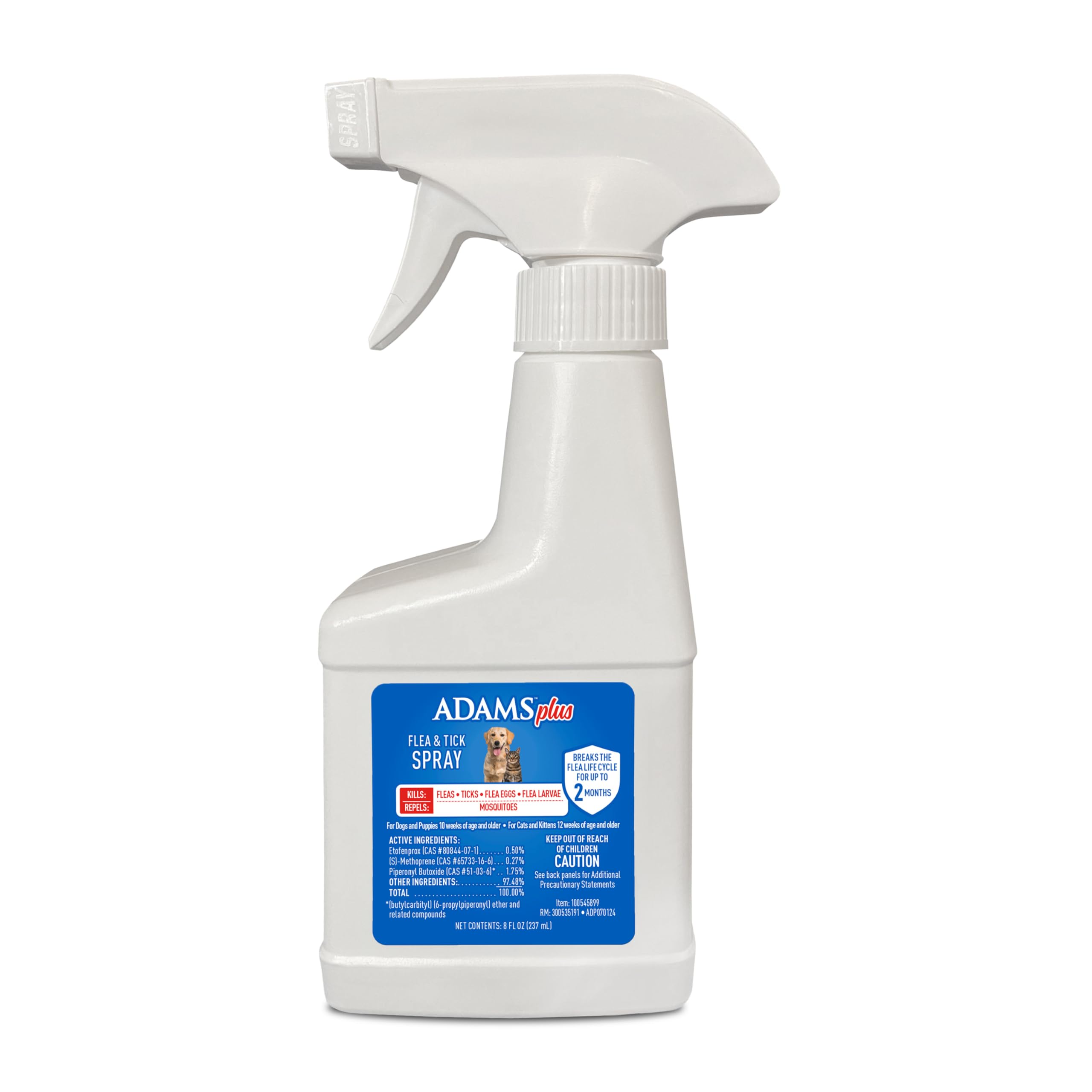 ADAMS Plus pulverizador para pulgas y garrapatas en perros y gatos, acción rápida.