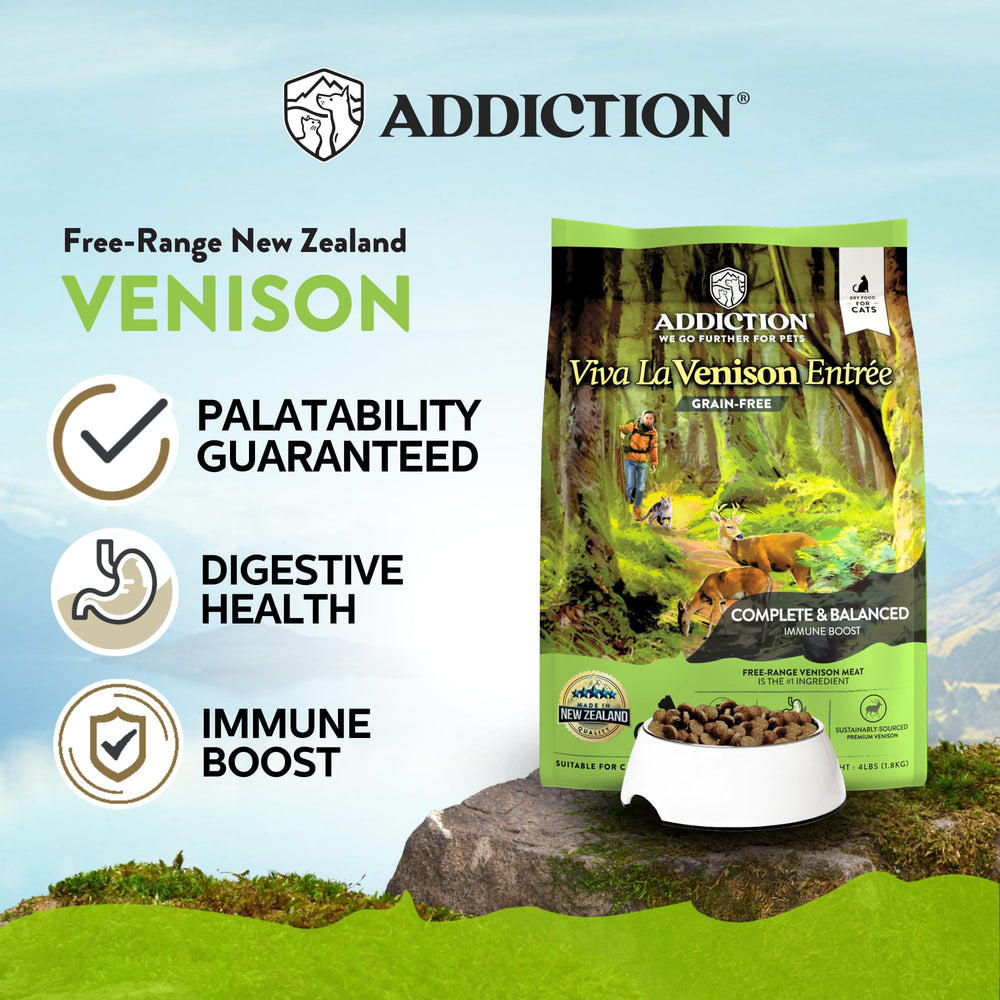 Addiction Viva Venison, croquetas en primer plano para apoyo muscular y digestión saludable