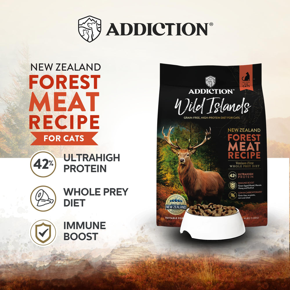 Addiction Wild Islands alta proteína para gatos, foco en venado