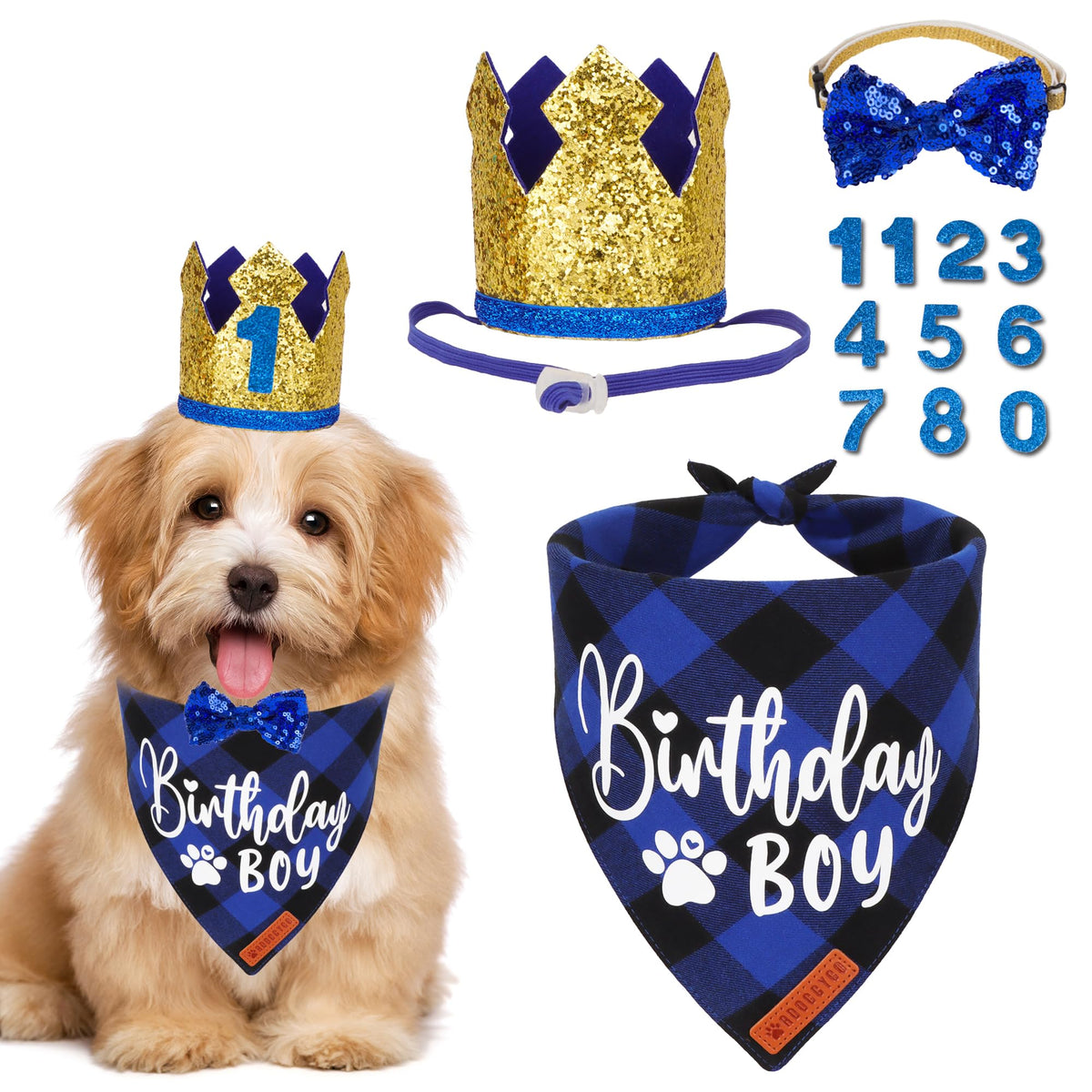 ADOGGYGO Bandana para perro en azul a cuadros, perfecta para fotos de cumpleaños
