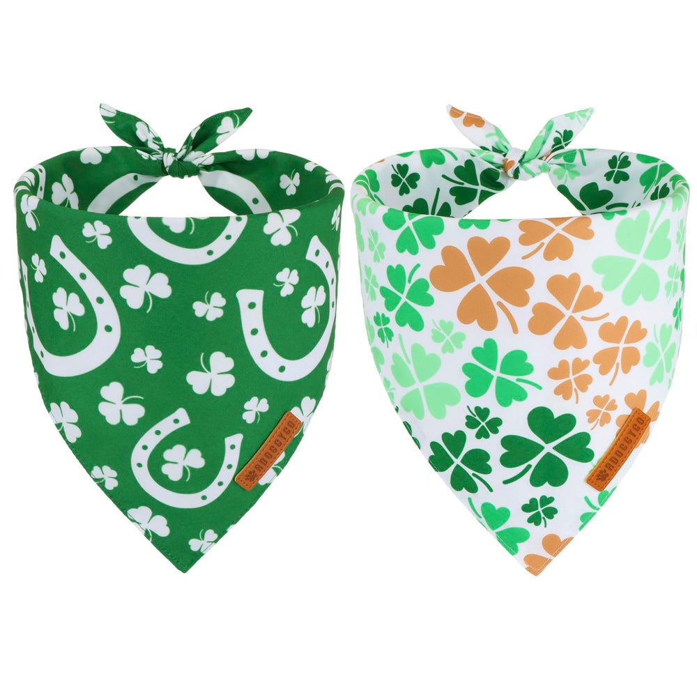 Bandana para perro ADOGGYGO verde con trébol, ideal para sesiones de fotos festivas.