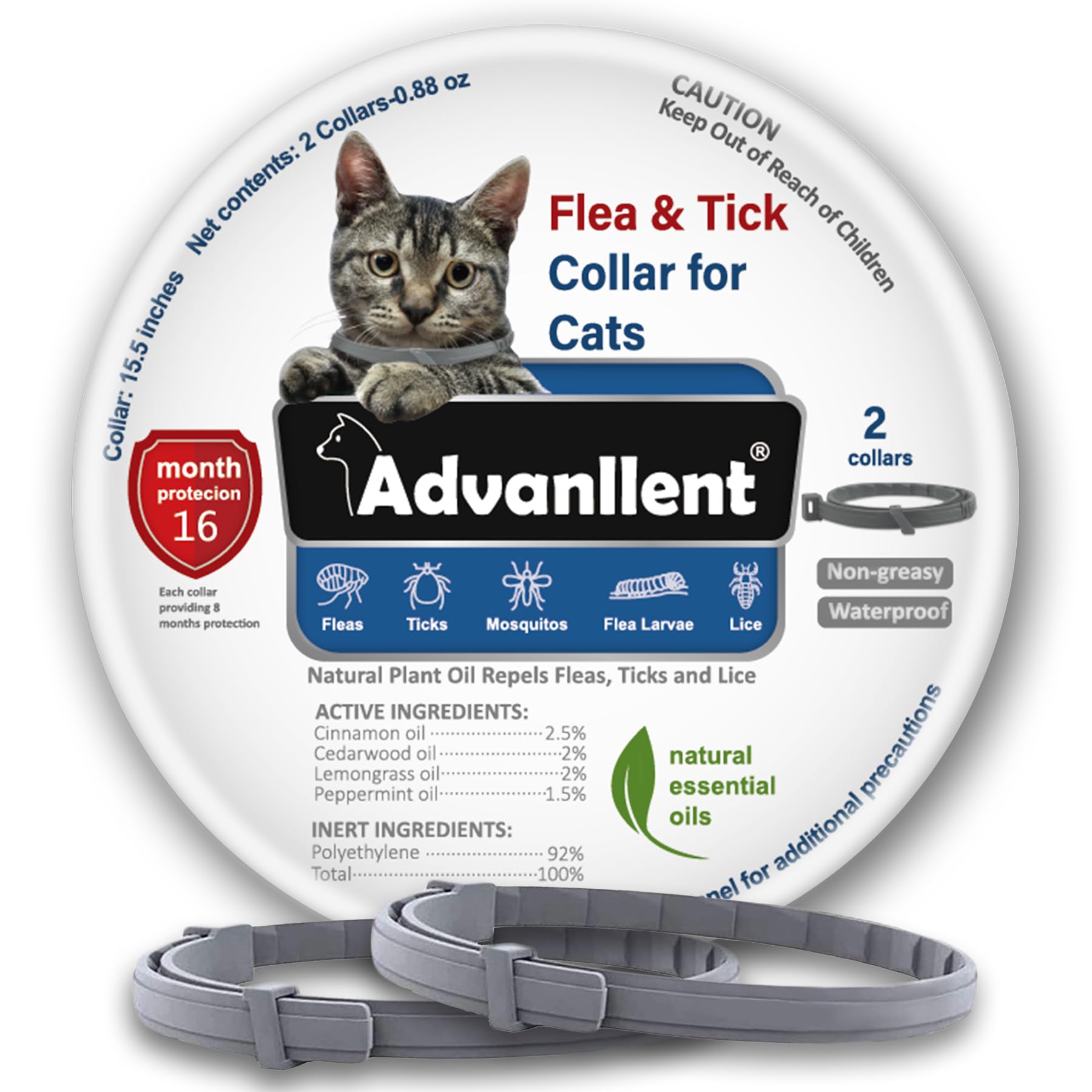 Collar antipulgas Advanllent para gatos, primer plano, ayuda a mantener a raya pulgas en interiores.