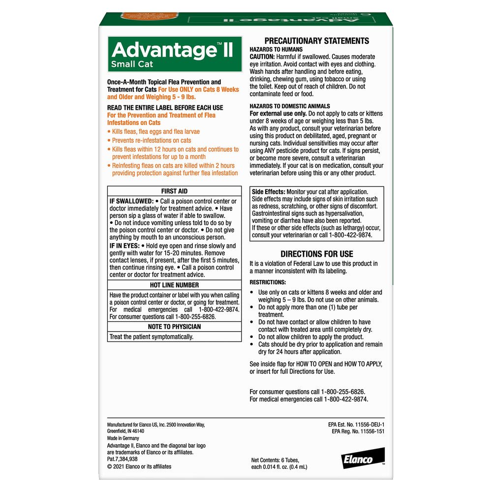 Advantage II evidencia eficacia por contacto para gatos pequeños y pulgas.