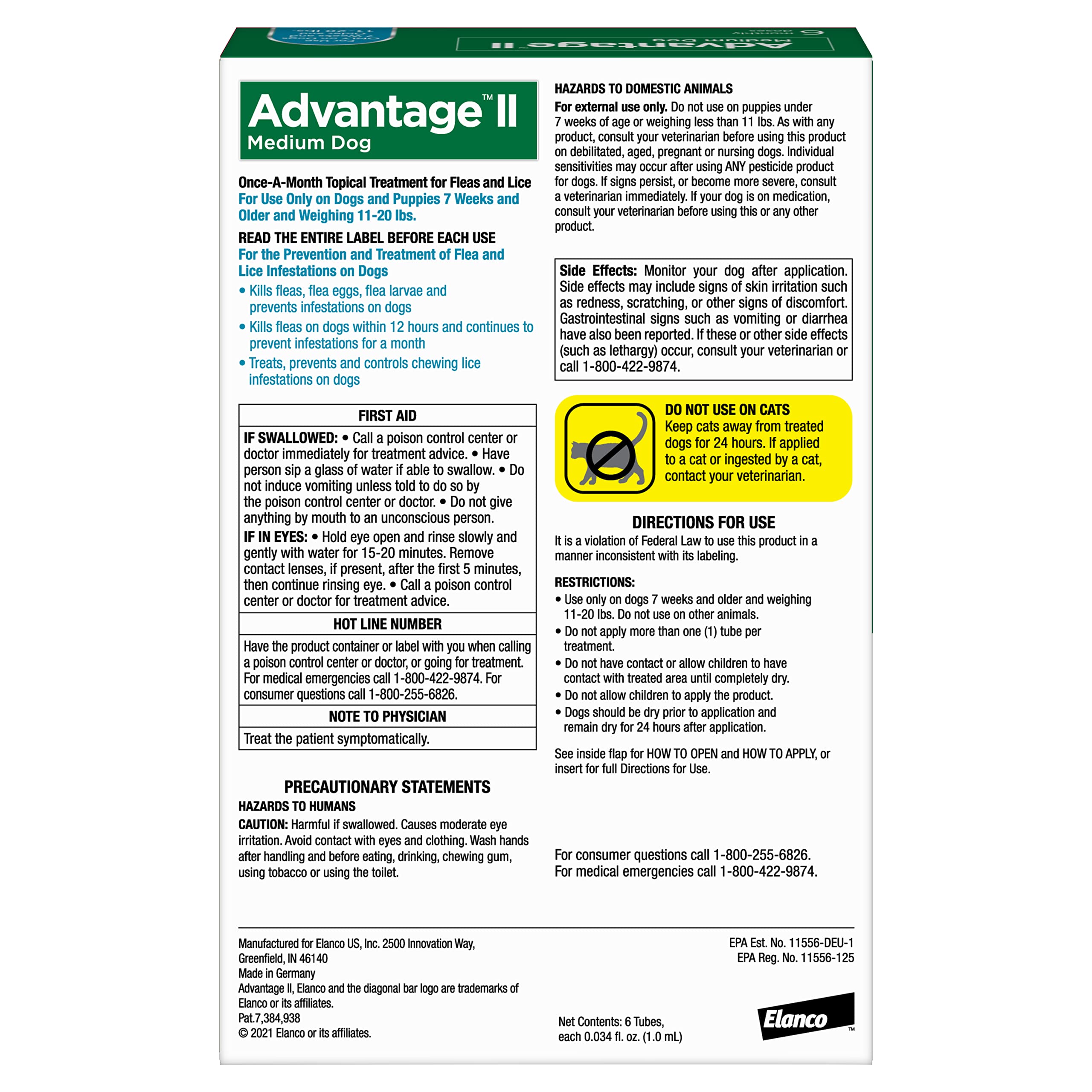 Advantage II: pulgas adultas mueren al contacto, sin mordidas.